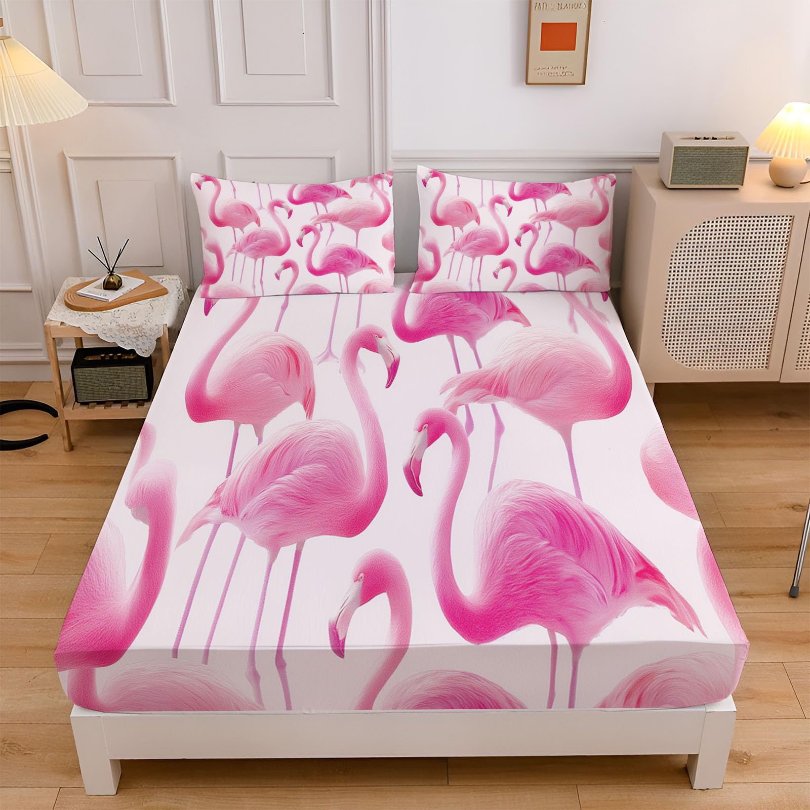 Drap Housse 180X200Cm Bonnet 30 Cm - Flamant Rose Aquarelle Animal Fantastique De Lit 3 Personnes Doux Confortable en Microfibre - Lot De 1 Draps Housses Rose Blush avec 2 Taie d'oreiller