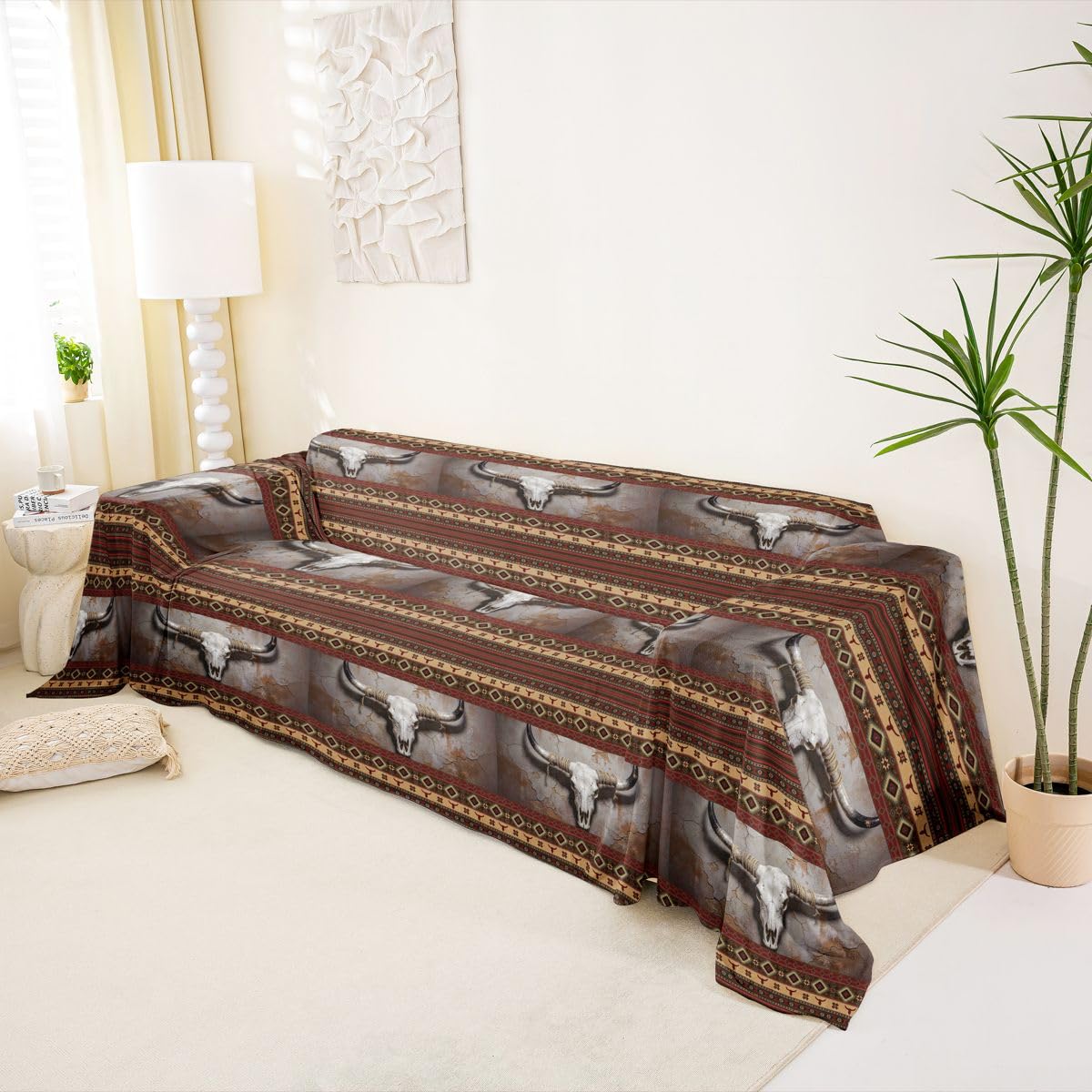 Homewish Zachodni aztecki pokrowiec na sofę, egzotyczny byk, czaszka, przyjazny dla zwierząt, ochraniacz na kanapę, południowo-zachodni boho, na sofę, rustykalny dom wiejski, ochraniacz na meble dla