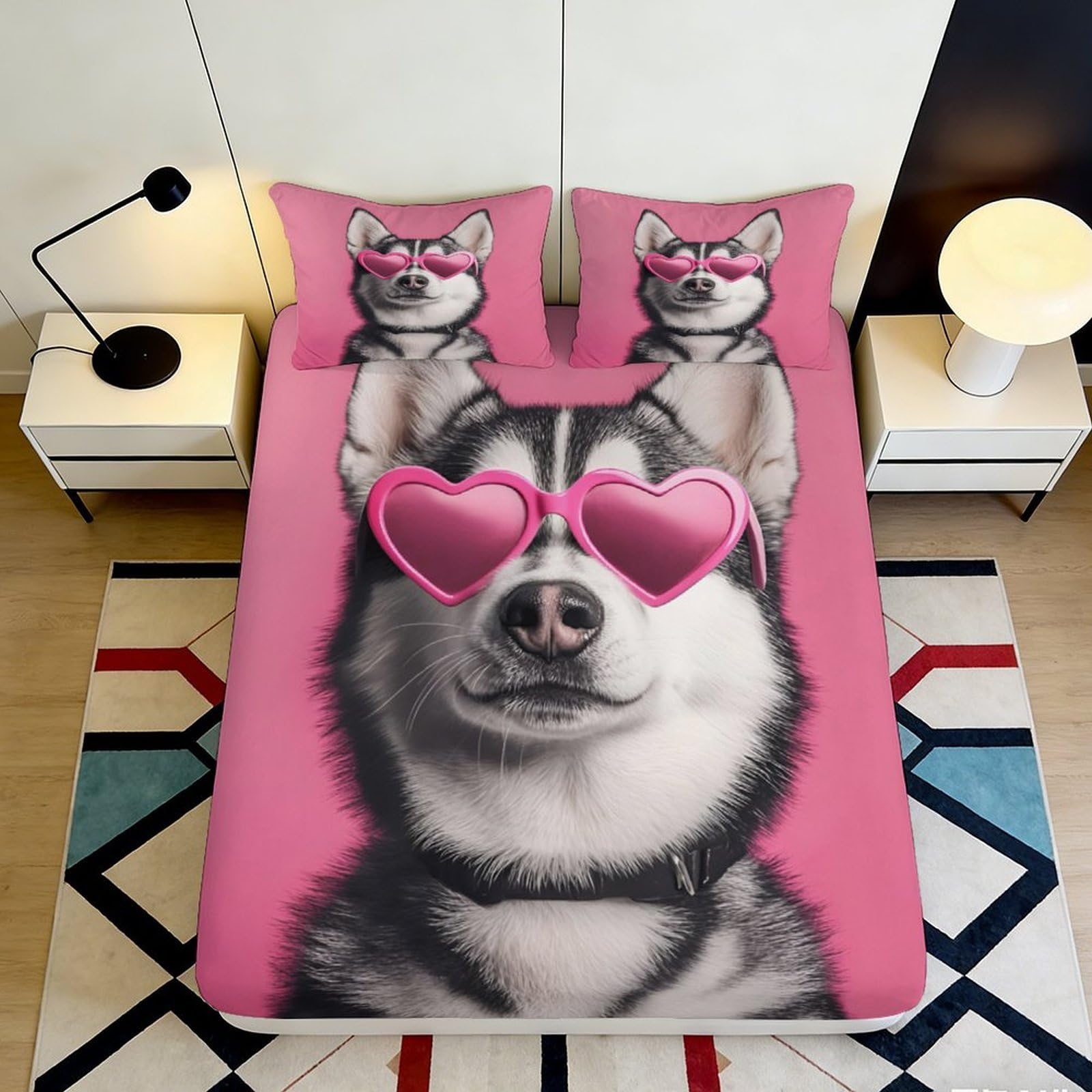 Jqzkxnhpbr Style-9 3D Printed Husky Dog Heart Sunglasses Fitted Sheet Microfiber Pink Cartoon Bed Cover For Bedroom Dorm Decor 90X200x25cm