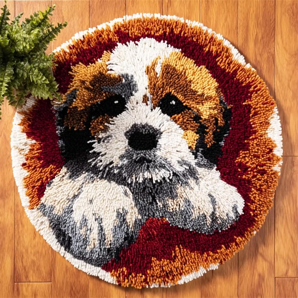 kitphoenix Latch Hook Kits Dog 20X20Inch (50X50Cm) DIY Latch Hook Flower Rug Kit, Home Carpet Rug Making Kit Cross Stitch Embroidery Kits Needlework Crafts Rug for Home Decor