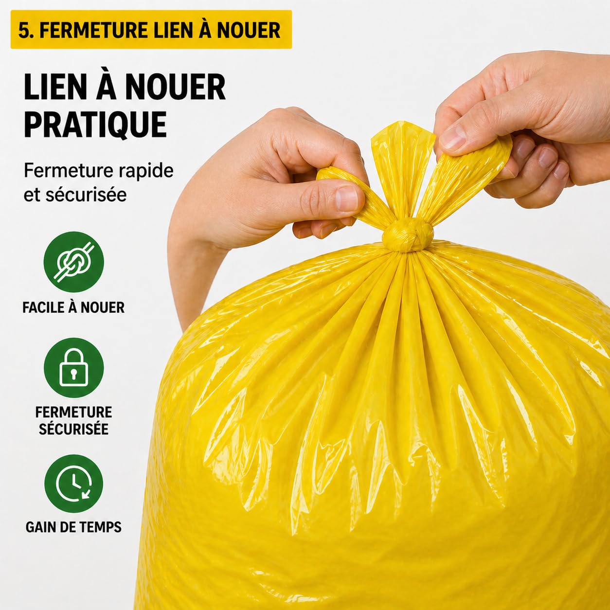 Bolsa de basura amarilla 100 l | 50 bolsas de basura de 100 litros (2 rollos de 25 bolsas amarillas) | Muy resistente (30 µ) e impermeable | Residuos no alimentarios | Cierre de enlace para atar |