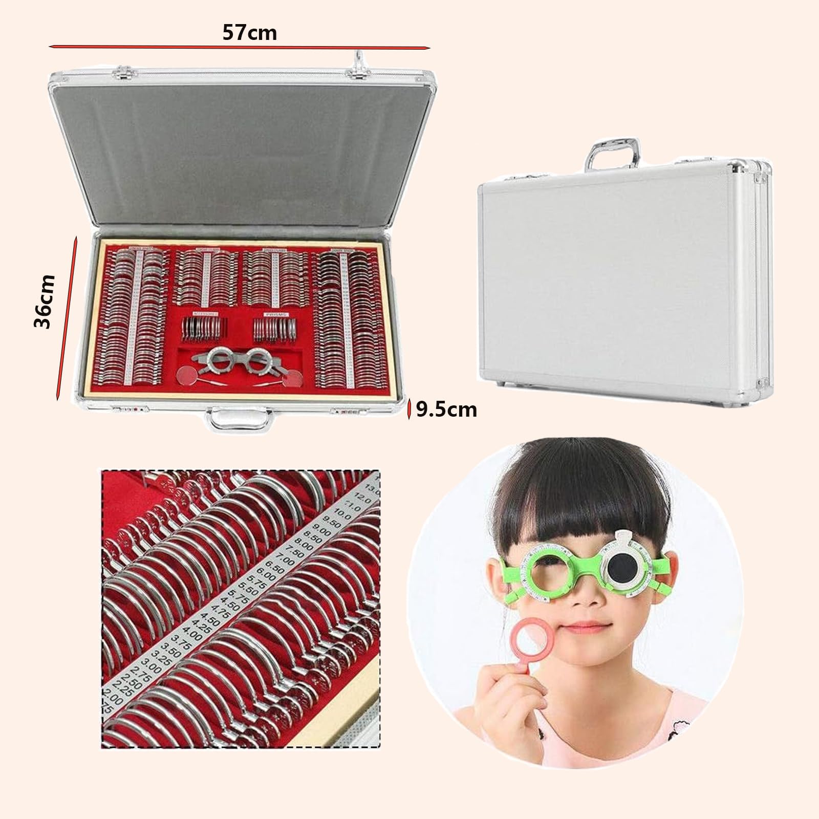 Ensemble de lentilles d'optométrie - Kit de 266 lentilles d'essai optiques professionnelles avec étui à monture métallique et monture de test pour la protection des yeux et des tests de vision pr