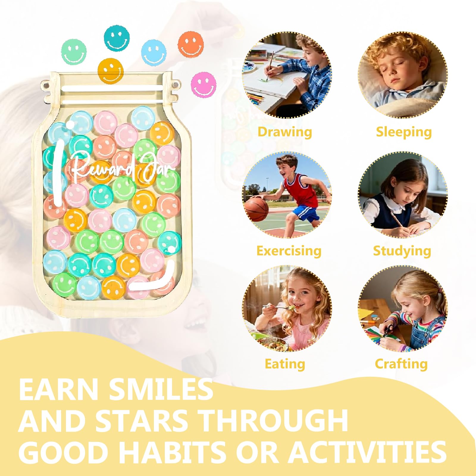 Smiley Reward Jar, Acrylic & Wooden Incentive Pot, Magnetic Reward Jar with 36 Smiley Tokens, Good Behavior Tool - Image 4