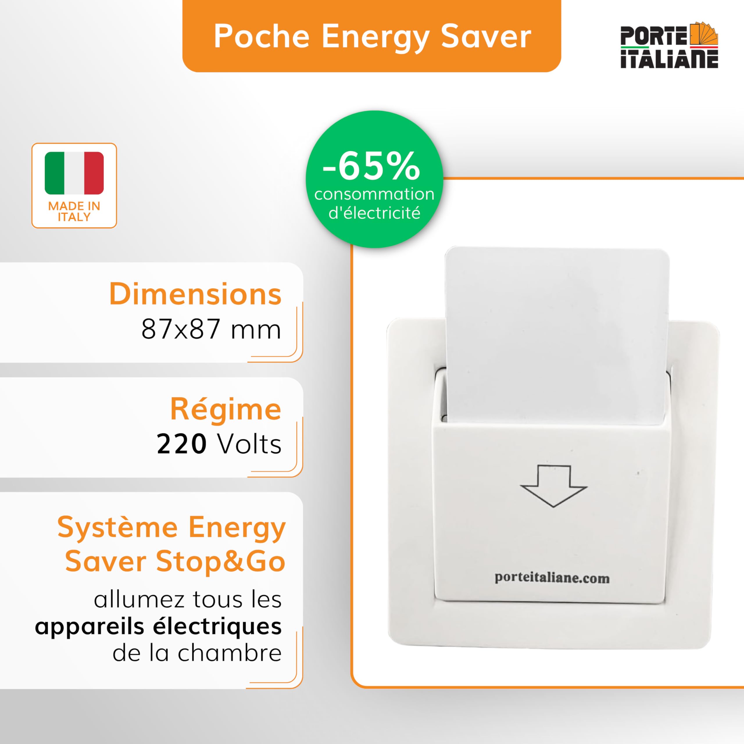 Porte Italiane, Lecteur de Badge RFID pour Contrôle d'Accès des Chambres dans Les B&B, Hôtels et Auberges, avec Pochette pour Économie d'Énergie, Kit Complet avec 4 Cartes RFID, Version de Base