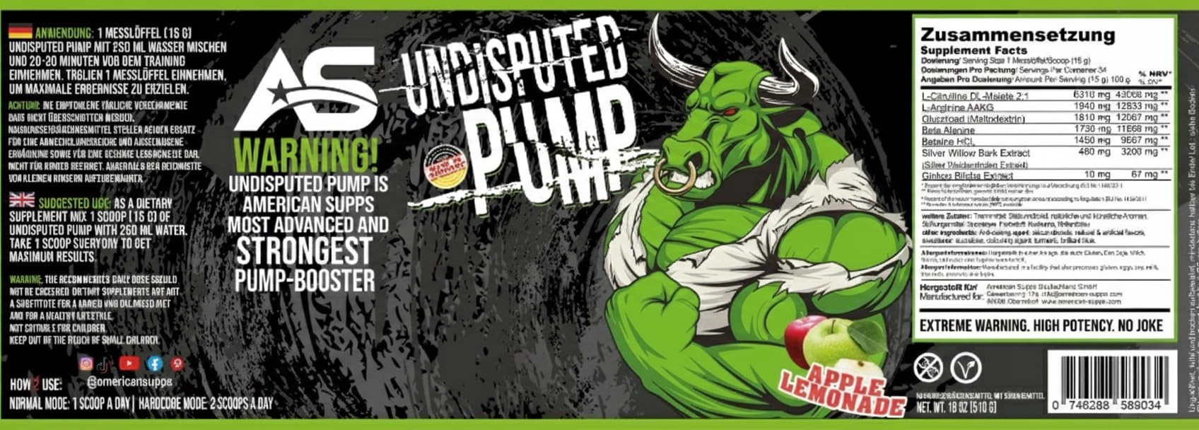 PREMIUM Pump Booster [510g] - AAKG + L Citrullin Malat + Beta Alanin + Ginkgo Biloba (Apple - Apfel)