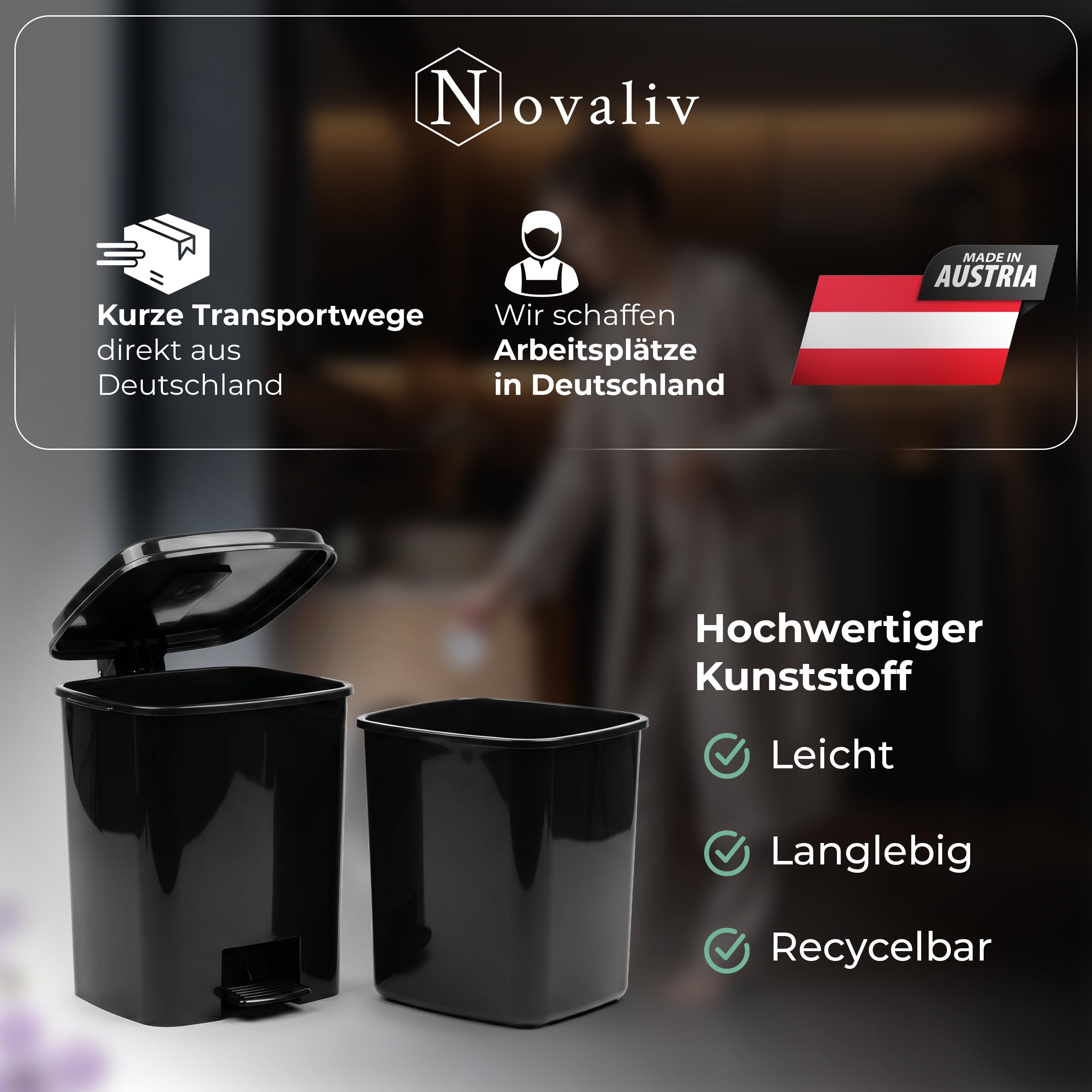 Novaliv Kosmetikeimer 5 L 3er-Set schwarz – 3x Mülleimer Bad mit Pedal & Inneneimer | Badezimmer Tretmülleimer Abfalleimer Vorteilsset für Bad, Gäste-WC & Schlafzimmer, Kunststoff, je 27 x 25 x 23 cm