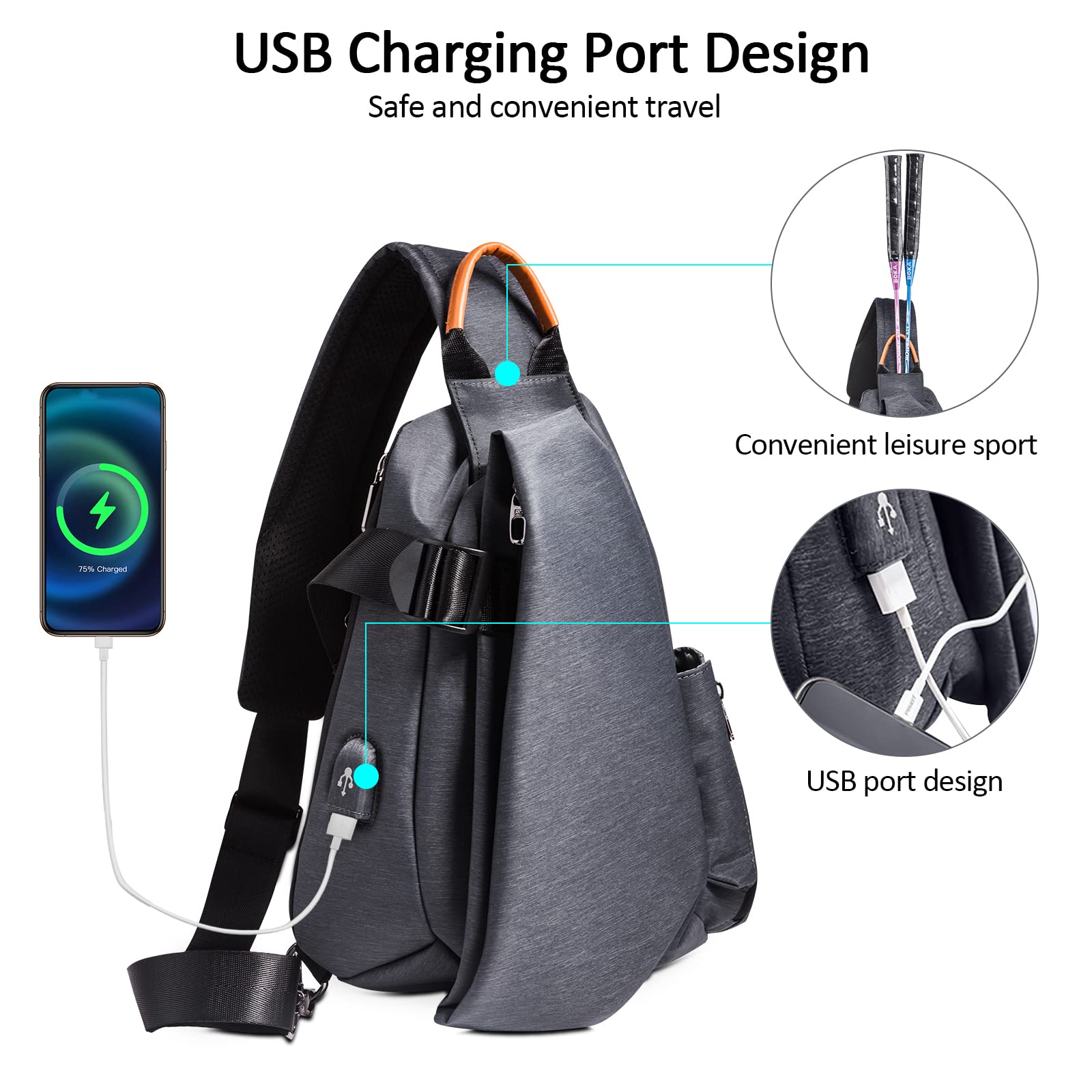 Sac de Poitrine Homme Mode USB Sling Sac Voyage Bandoulière Portable Camping