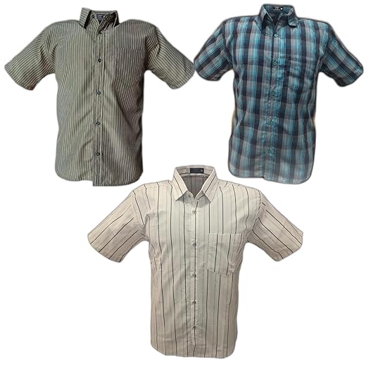 Kit com 3 Camisas Sociais Masculinas, Manga Curta, Listrada e Xadrez, Com Bolso