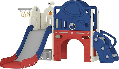 Qaba Juego de toboganes 8 en 1 para niños pequeños de 1 a 6 años con aro de baloncesto y pelota, lanzamiento de anillo, telescopio, escalador,
