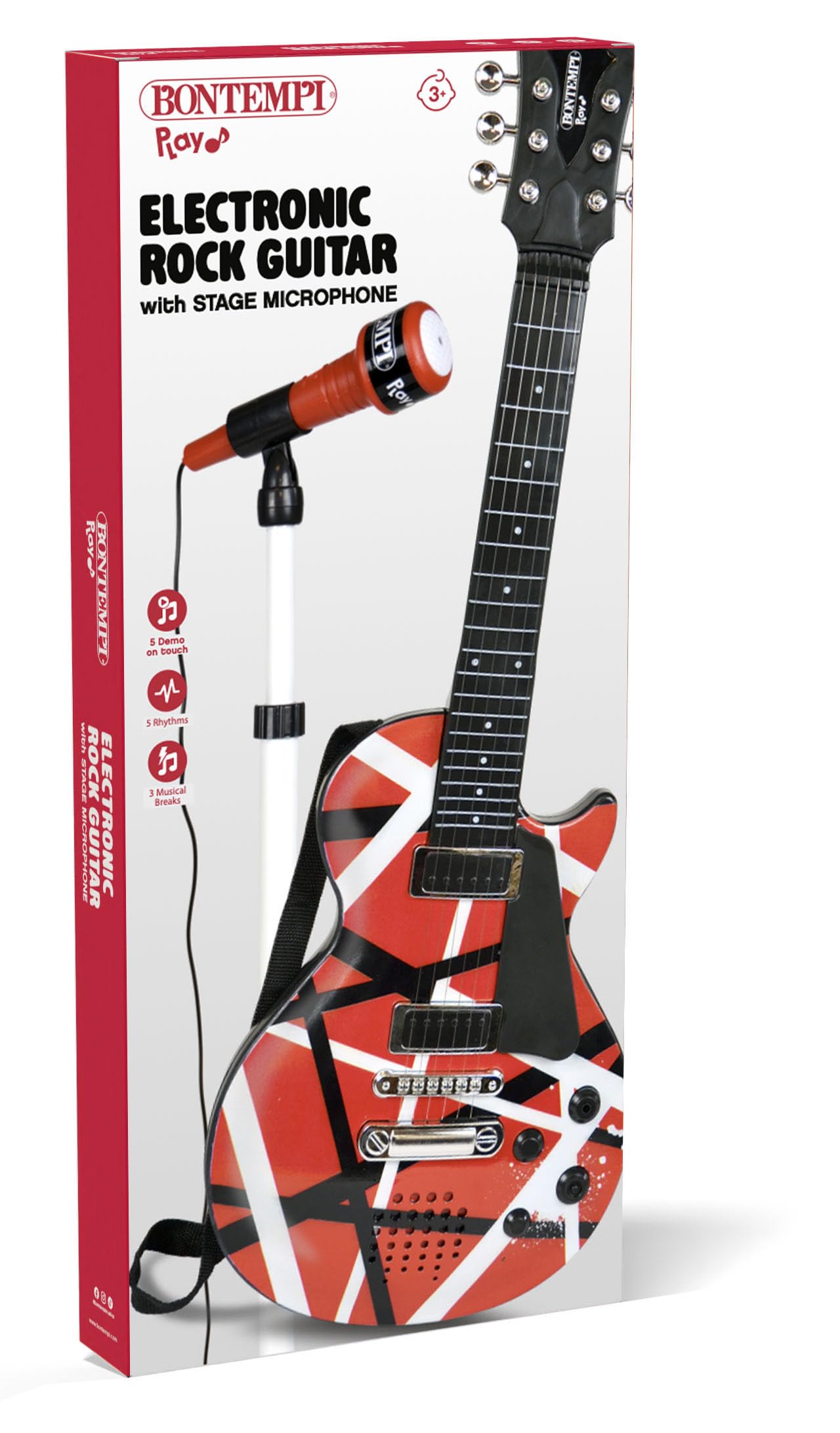 BONTEMPI - Chitarra Rock Elettronica con 6 Corde di Metallo 5 Demo Rock 3 Stacchi Musicali 5 Ritmi Spegnimento Automatico Cinghia Tracolla Presa Microfono 560mm