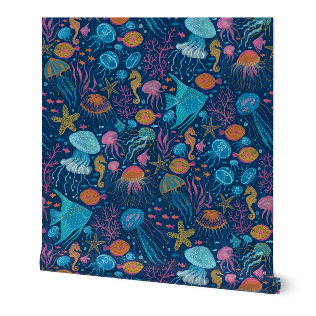 Spoonflower Peel & Stick Wallpaper - Ocean Navy Seahorse Nautical Design, Removable, 9ft X 2ft