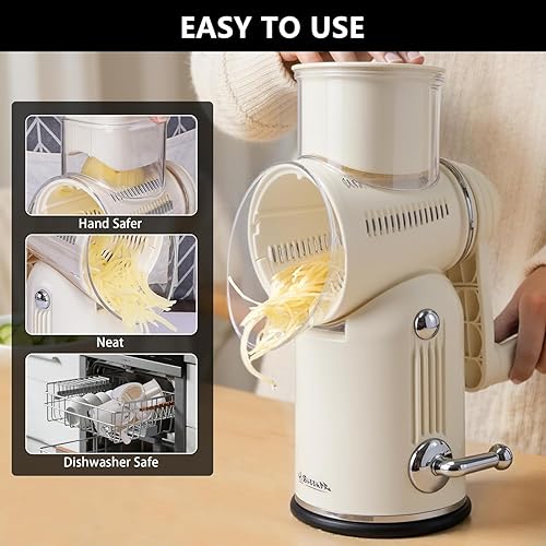 Miniatura 4 de Rallador de queso giratorio 5 en 1, rebanador de verduras con asa, rallador de queso de manivela mejorado con mango y base de succión fuerte,
