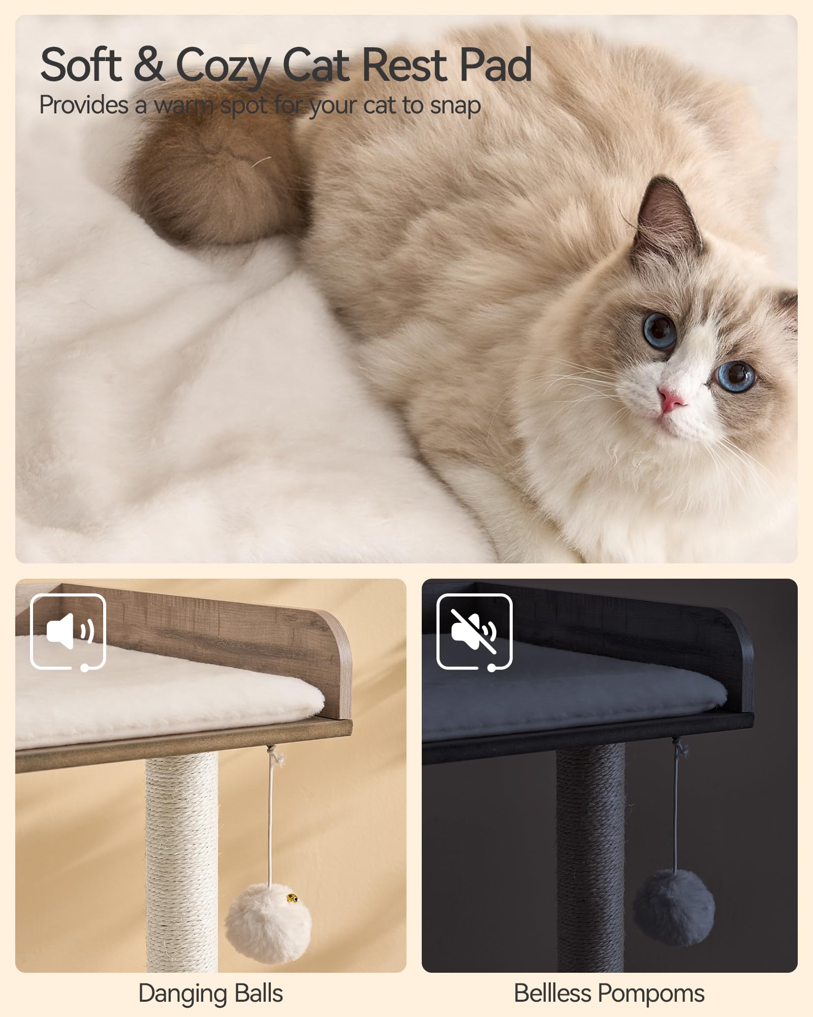 FourFurPets Drzewko dla kotów, nowoczesna wieża dla kotów, 111 cm, wieża dla dużych dorosłych kotów domowych, duże drzewko dla kota z kolumną do drapania, jaskinia dla dorosłych kotów, Greige