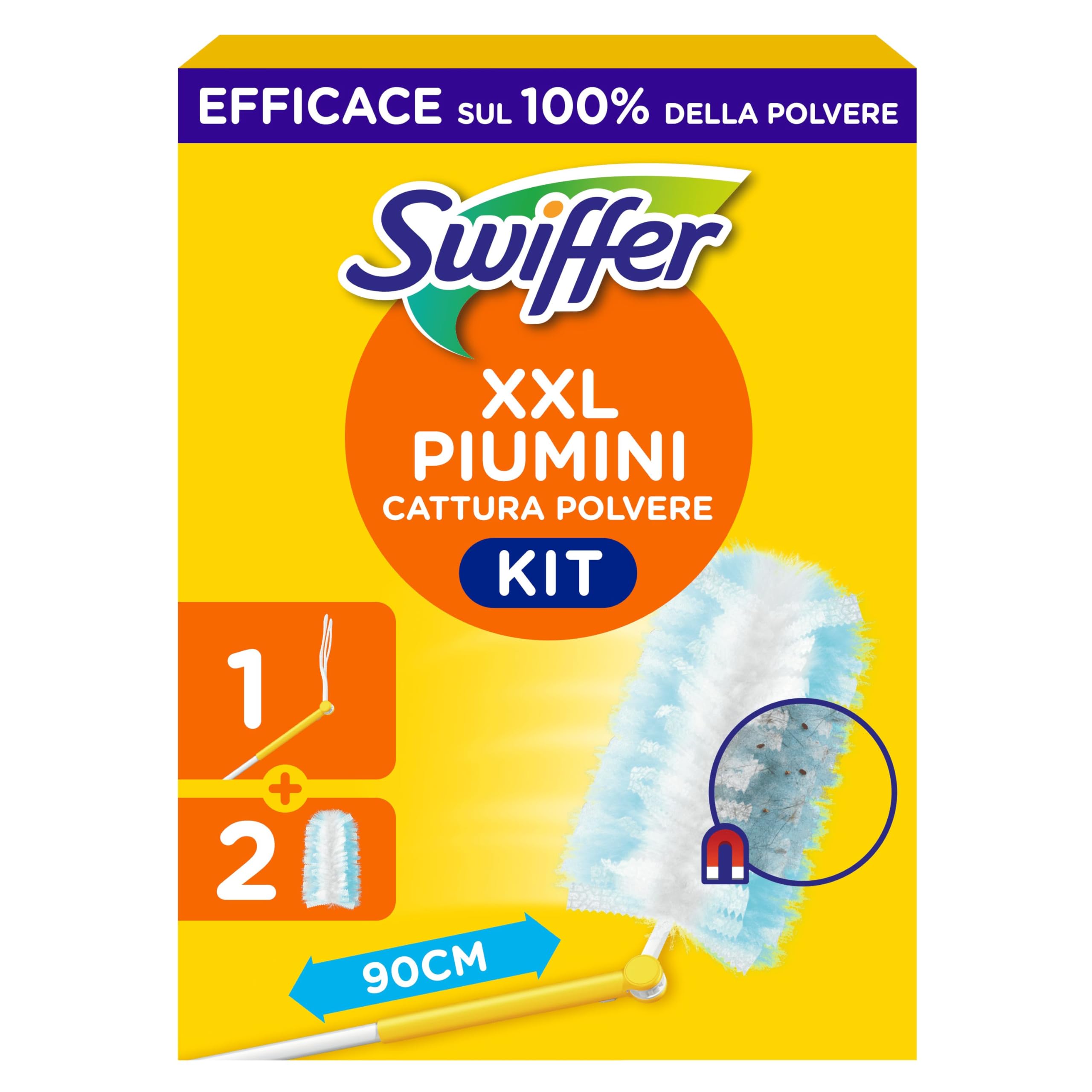 Swiffer Duster Piumini Cattura Polvere, 1 Manico XXL e 2 Piumini, Cattura e Intrappola Polvere e Sporco, Raggiunge I Punti più Difficili della Casa, Maxi Formato