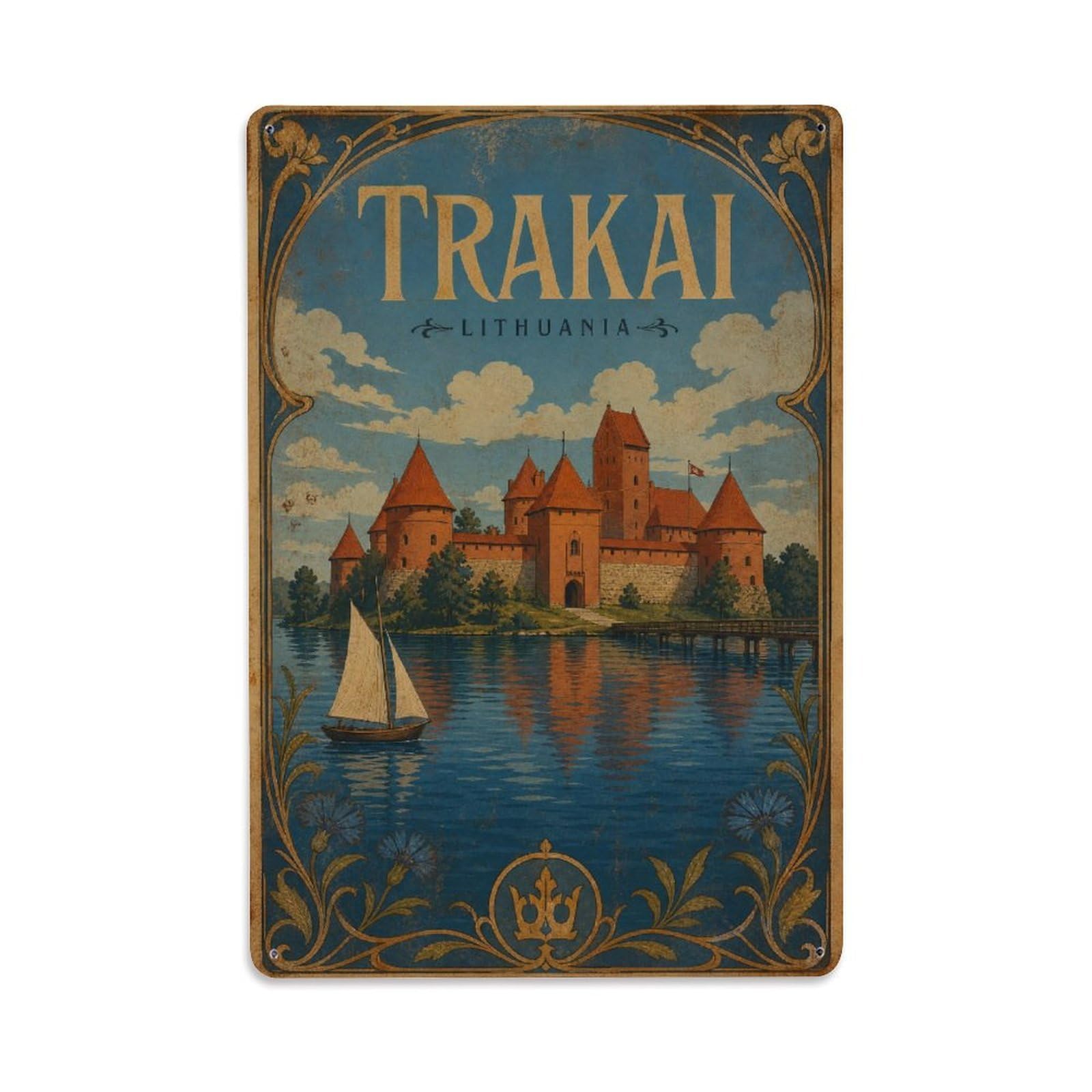 Vintage Travel Lithuania Trakai Metal Tin Sign Plaque Wall Decor for Cafe, Club Bar, Office, Garden Metal Poster 8x12Inch