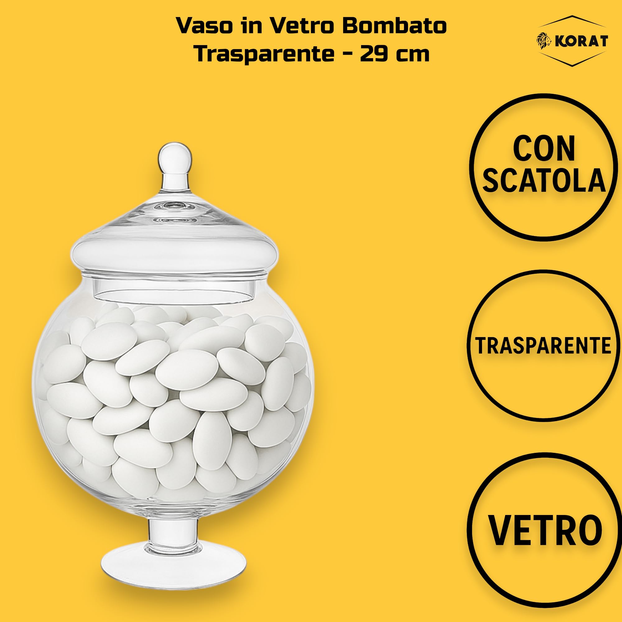 KORAT Barattolo Bombato in Vetro Trasparente con Coperchio 21x21x29 cm Contenitore Elegante in Vetro Soffiato per Caramelle, Decorazioni o Eventi Design Classico con Piedistallo
