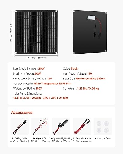 Miniatura 7 de VEVOR Cargador de batería de panel solar de 20 W y 12 V, cargador de batería solar con controlador inteligente integrado y 3 cables de conexión,