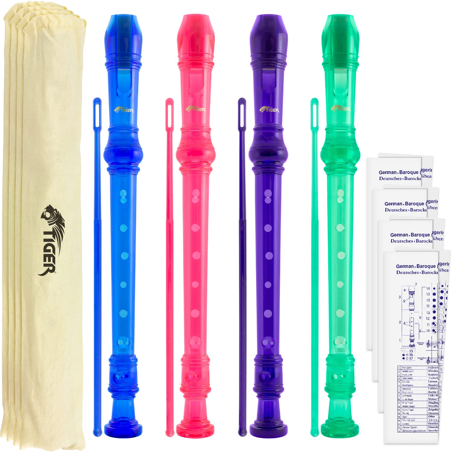 TIGER REC7-4 Pack de 4 flûtes à bec colorées avec tige de nettoyage et étui, doigté baroque anglais - bleu, rose, violet et vert