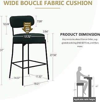 DYHOME Bar Stools Set of 4,Dark Green 28 Inches Counter Height Bar Stools with Back, Modern Boucle Barstools Metal Tall Bar Chair for Kitchen Island, Holiday Counter Stools