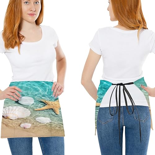 Miniatura 2 de Summer Beach seashel 3 Pack Server Aprons with 3 Pocket Waterproof Womens Half Waist Aprons for Cooking Dishwashing Kitchen Gardening Salon