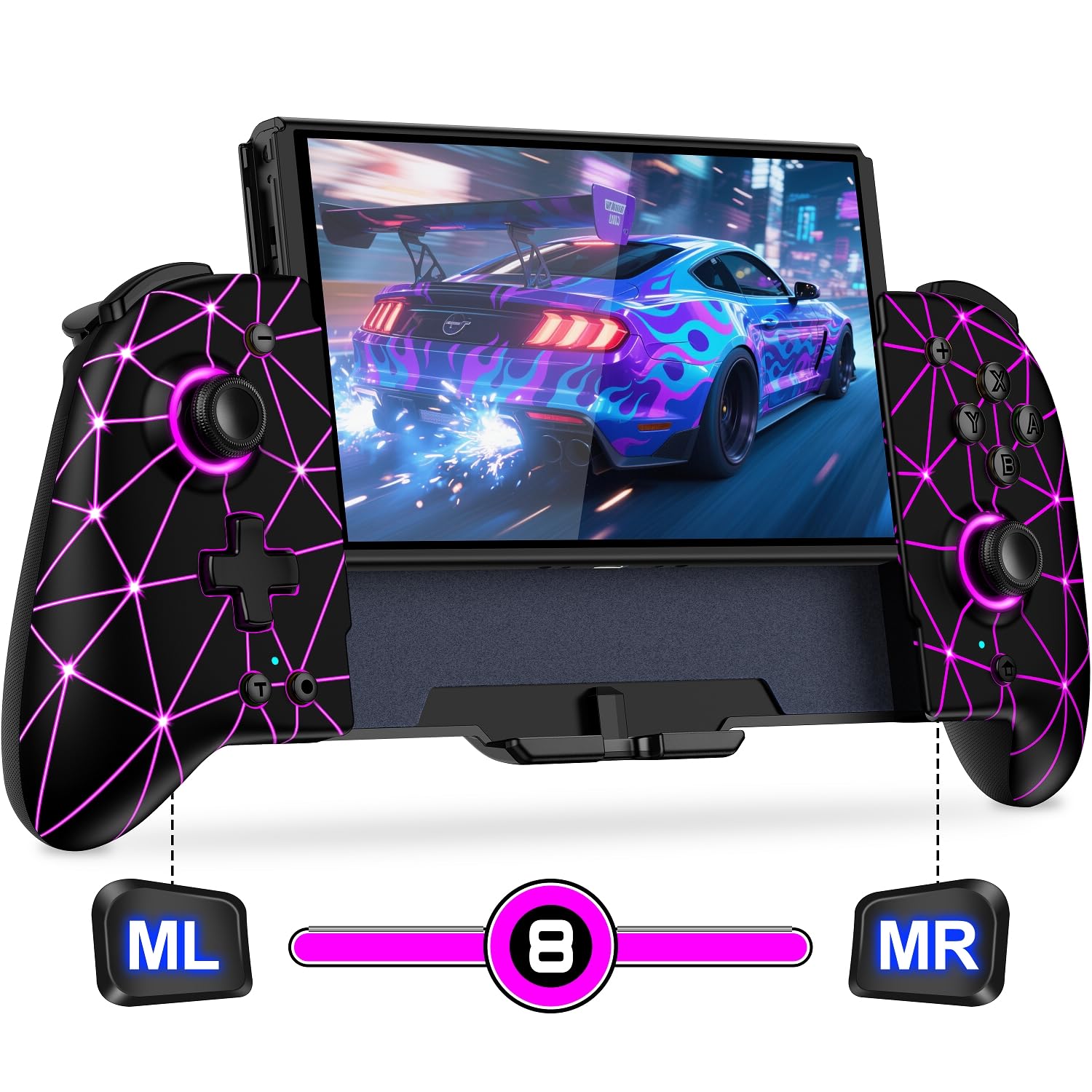 Gammeefy Switch Controllers, Hall Effect JC200 Switch Pro Controller for Nintendo Switch/Switch OLED, One-Piece Switch Joypad with 9 Lights Color for Those Who Prefer Handheld Mode