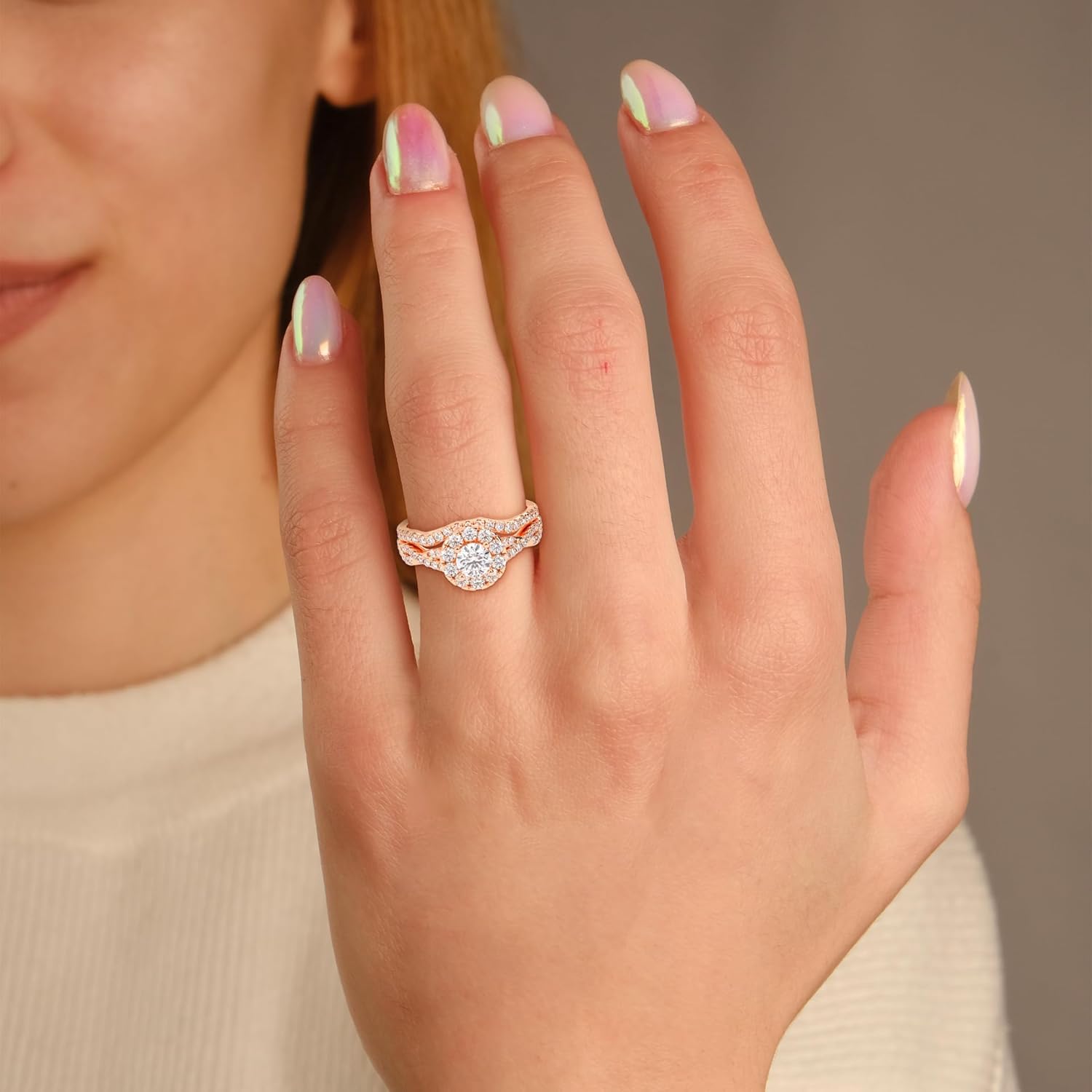 AFFY Infinity Halo Solitaire Bridal Set Ring for Women, 1.10 Carat (ctw) Round Cut Lab Grown Diamond Engagement Wedding Ring 925 Sterling Silver Or 10K Solid Gold F-G, VS-SI Quality