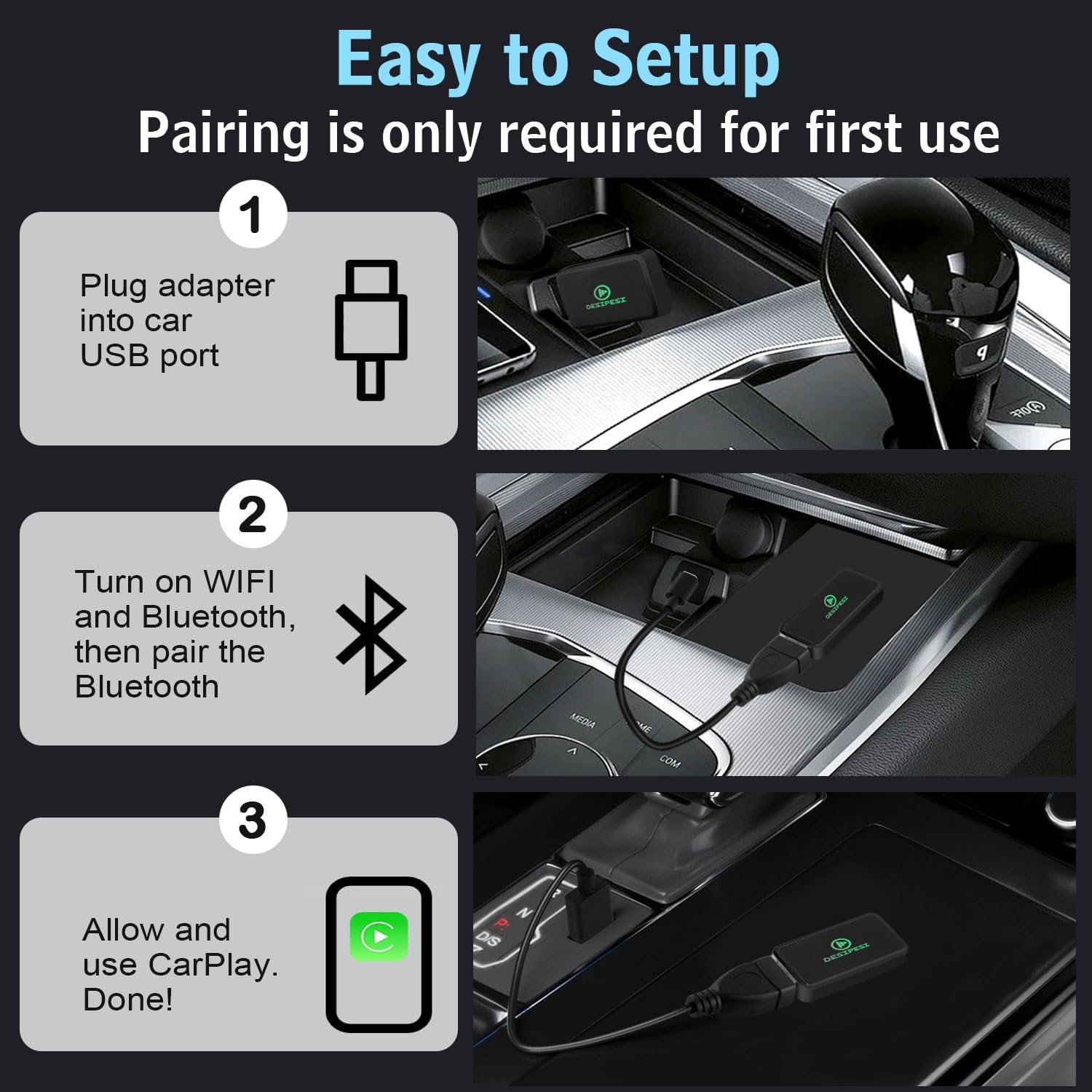 Wireless CarPlay Adapter, 2024 Smallest, Latest, and Fastest Plug and Play Wireless CarPlay Adapter Fit for Apple iPhone iOS 10+ for Cars, USB-A and USB-C Cables Included