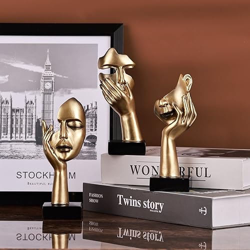 Miniatura 9 de Juego de 3 estatuas pequeñas de Thinker – Decoración del hogar de oro negro figuras de arte abstracto para estantes, sala de estar, mesa de café