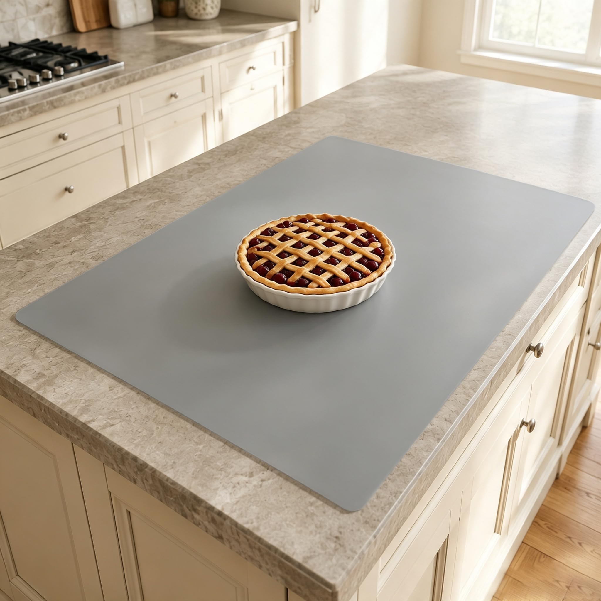 36''x36''(90cmx90cm) Large Silicone Mat for Kitchen Counter, Heat Resistant Countertop Protector, Non-Slip Waterproof Kitchen Island Mat, Easy to Clean, Light Gray