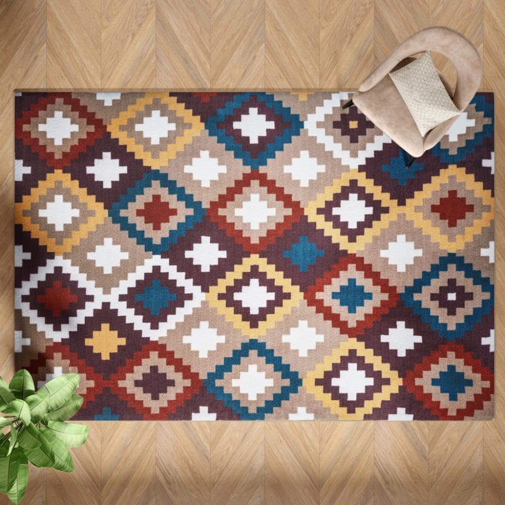 Textured Tufted and Printed Carpet | Rectangular Carpet for Your Living Room & Drawing Room | Soft, Stylish & Durable | 5 x 7 feet | Micro Polyester | Anti Skid Backing | Multi Kilim- Brown/Yellow