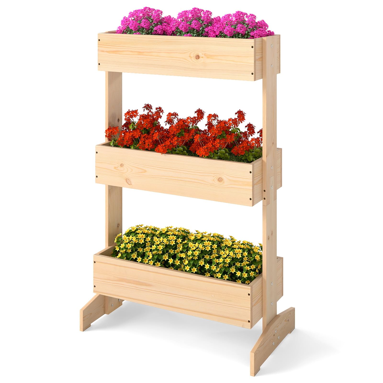 COSTWAY Jardinera Vertical de Madera, Huerto Urbano Terraza de 3 Niveles, Jardinera Flores Plantas Soporte, 69 x 39 x 109 cm, Caja de Plantación para Jardín Balcón, Natural