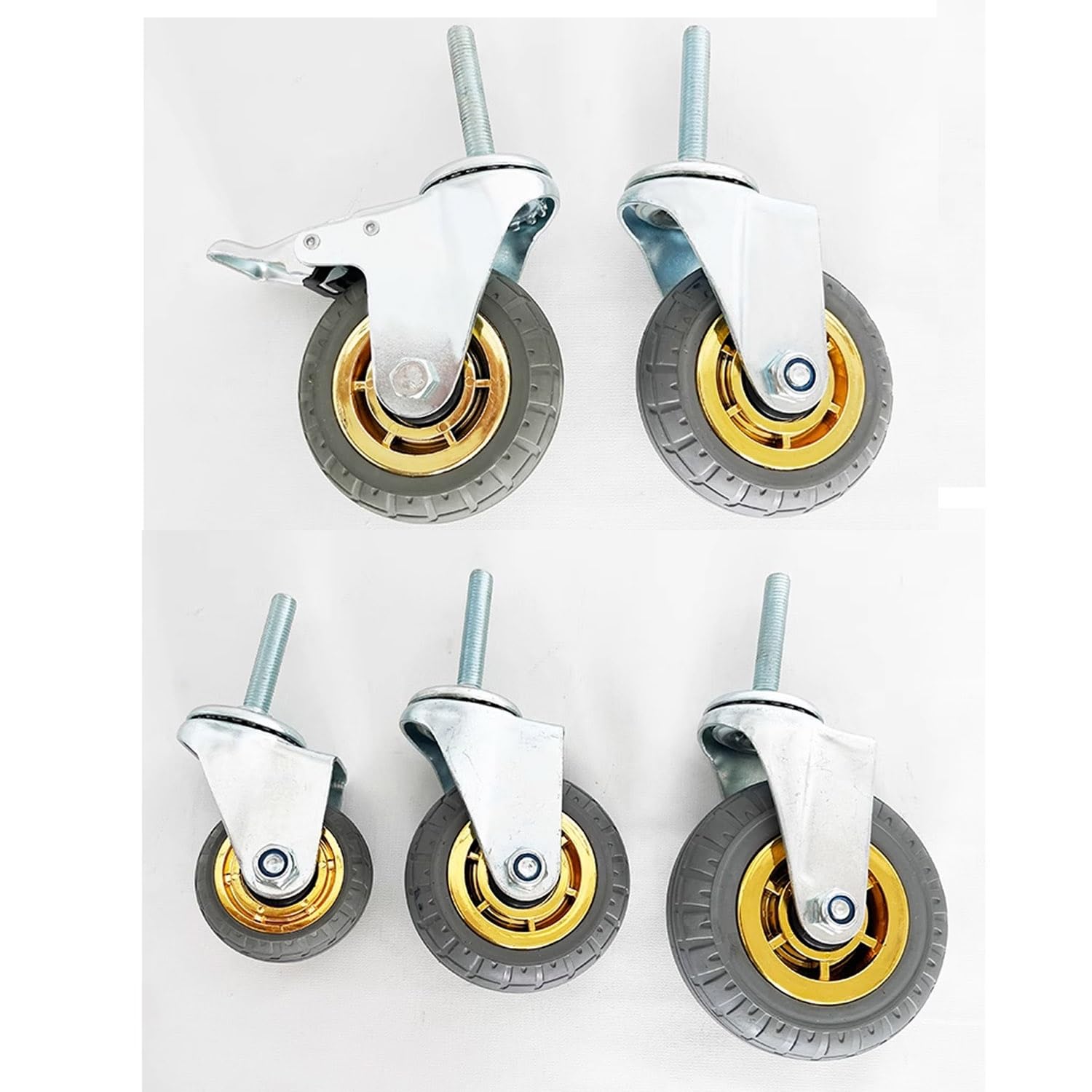 Vástago Ruedas Giro Freno Goma, Ruedas giratorias con vástago roscado M12x60mm, de goma freno, 3-5 pulgadas, paquete 4(Swivel,125mm)