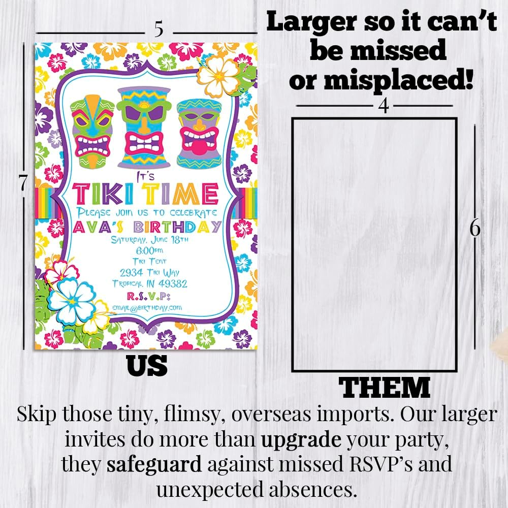 Custom Birthday Invitations Tiki Time Birthday Invites for Girls Pack of 20 5x7 Custom Tiki Luau Party Invitation Cards With Envelopes - Unique Tropical Luau Party Invites