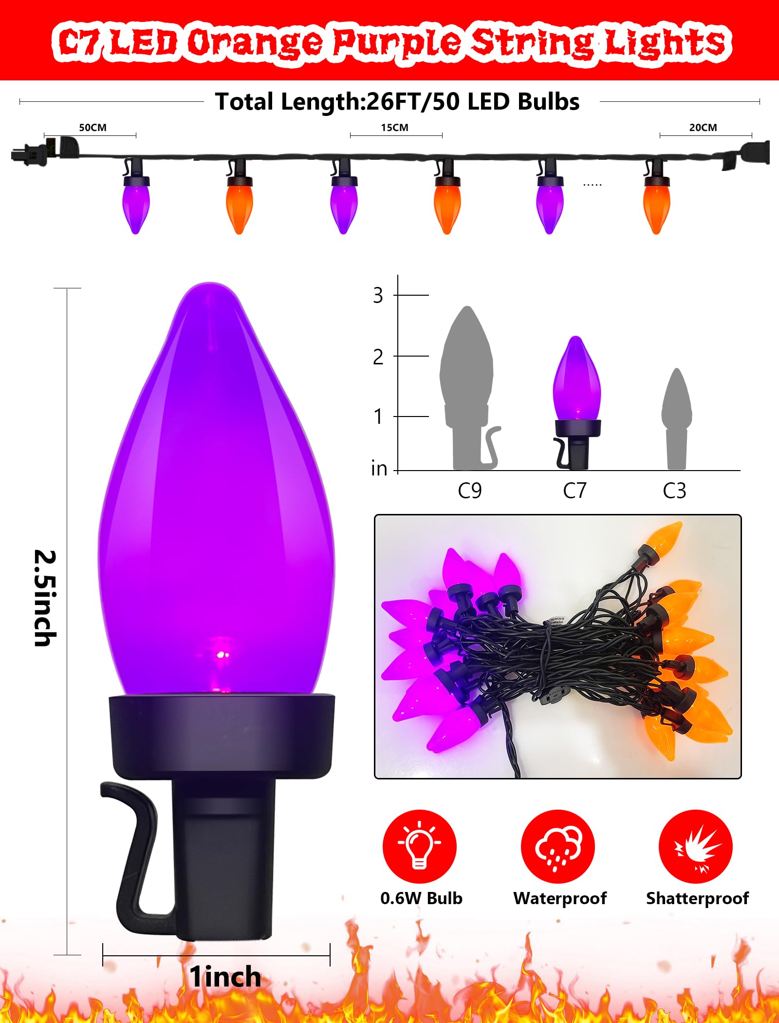 Guirlande lumineuse d'extérieur de 8 m avec 50 ampoules LED C7 et 2 de rechange, étanchéité IP44, certifiée UL pour décorations d'Halloween et de Noël (violet et orange)