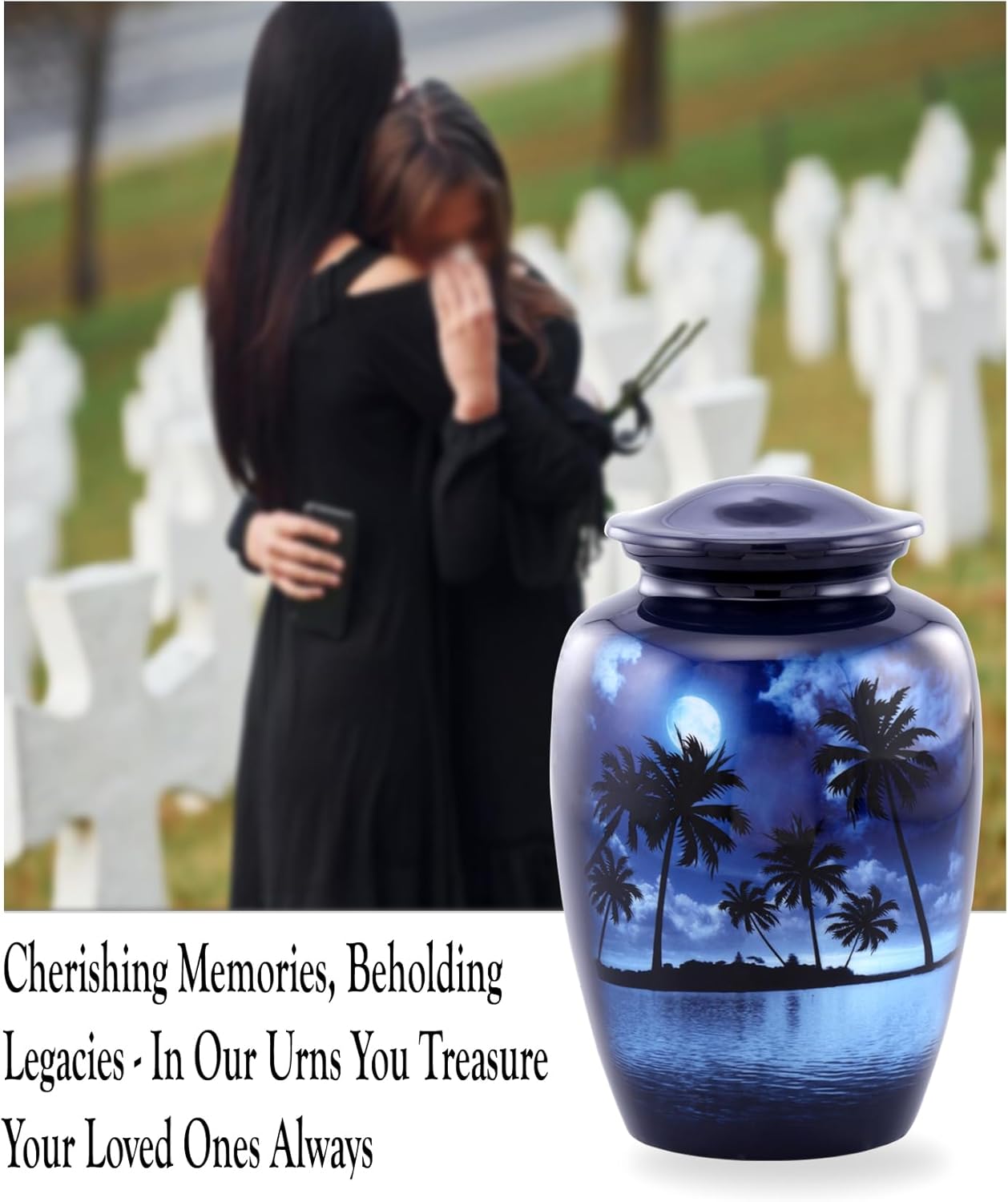 Moonlit Beach Cremation Urn – Handcrafted Palm Tree & Ocean Scene – Adult Memorial Urn for Human Ashes – Elegant Funeral Tribute Urn for Men & Women – Large Decorative Urn Holds Up to 210 lbs (Large)