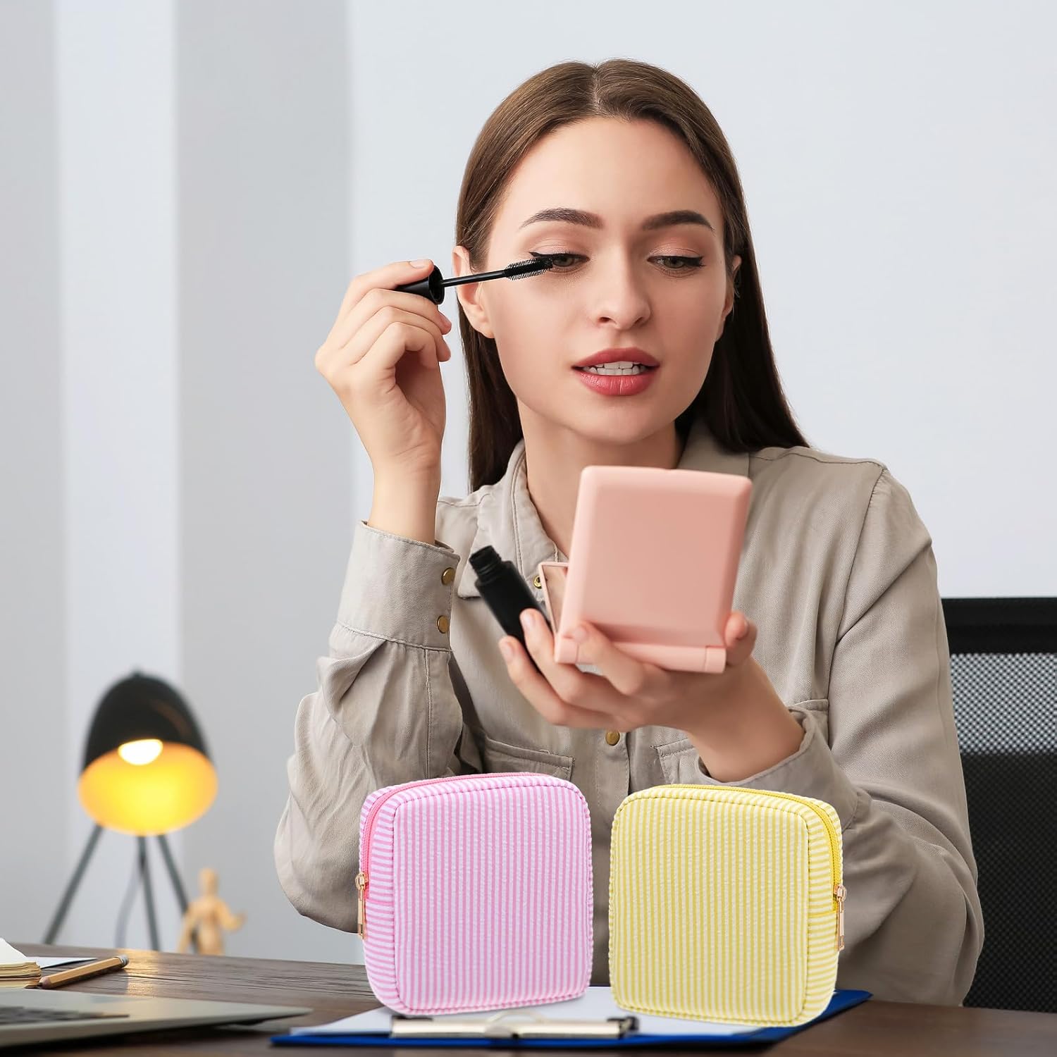 Sanwuta 6 Pcs Seersucker Cosmetic Bag Bulk Pinstripe Makeup Bag for Women Aesthetic Cute Travel Toiletry Organizer Preppy Storage Pouch for Wedding Bridesmaid Christmas Gift(Small,Pastel Color) - Image 4