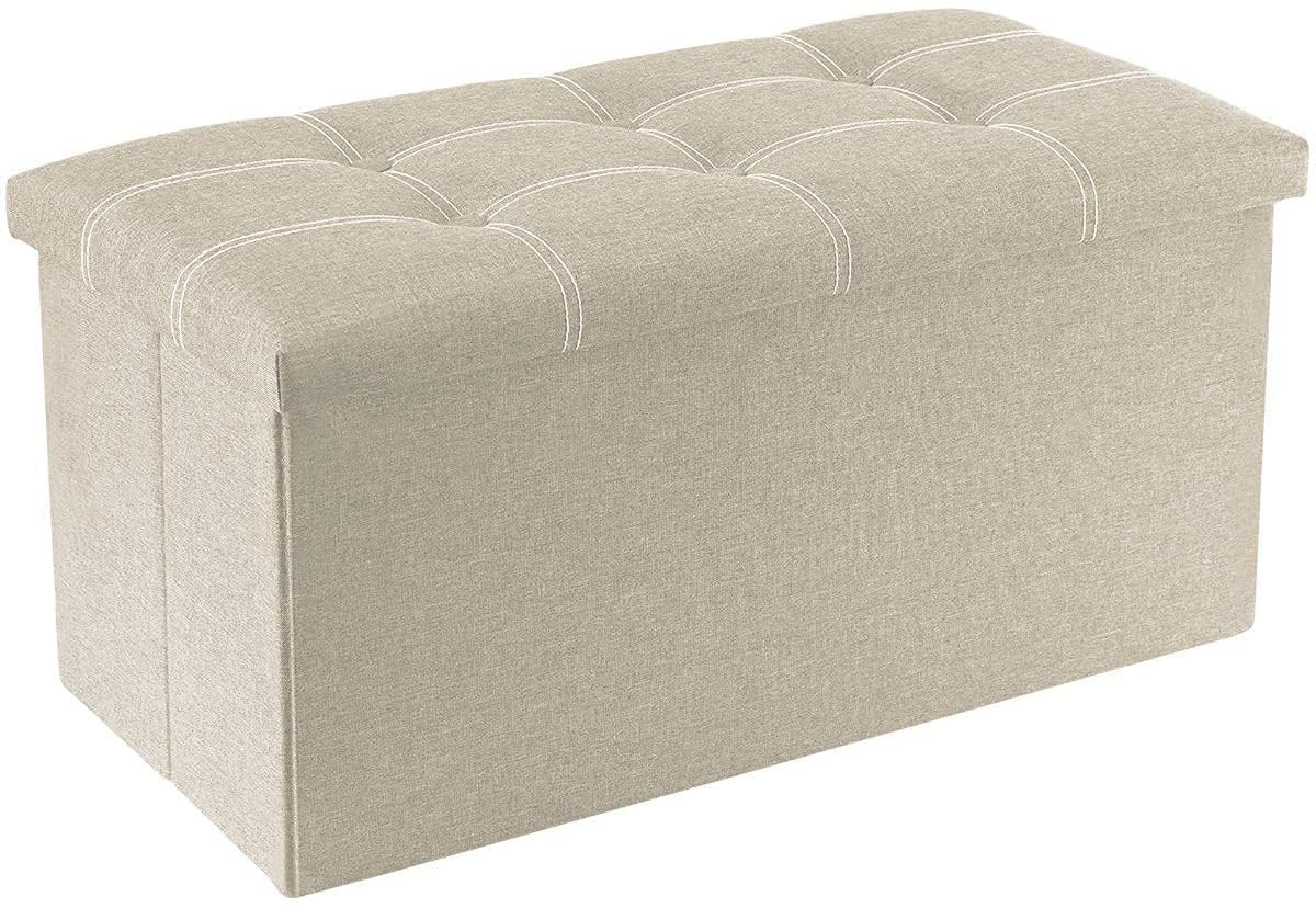 JUGTE Folding Storage Ottoman, Long Sofa Bench, Fabric Linen Footrest Stool for Makeup Cosmetic Laundry, Toys Storage Organizer Bin Box with Lidded Cover (Beige)-image-49