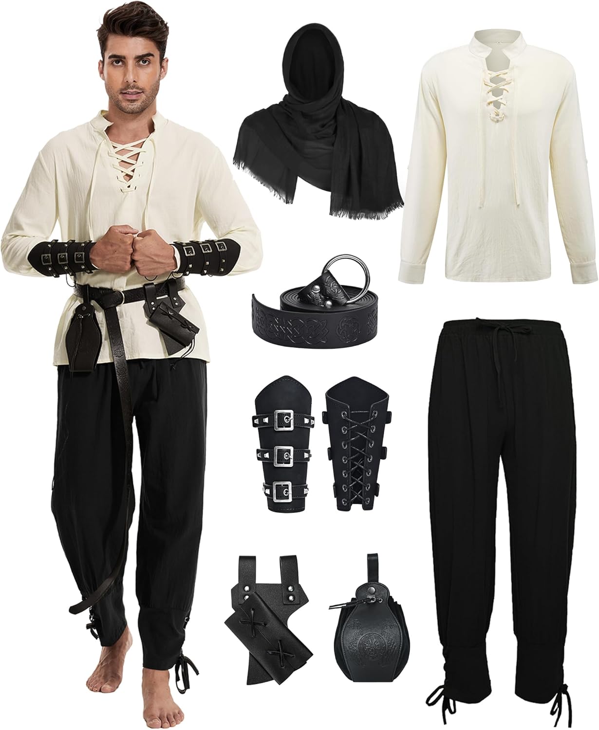 7 Pcs Men's Renaissance Costume Medieval Pirate Shirt Ankle Banded Pants Viking Costume Accessories Set