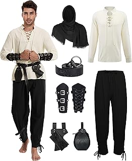 7 Pcs Men's Renaissance Costume Medieval Pirate Shirt Ankle Banded Pants Viking Costume Accessories