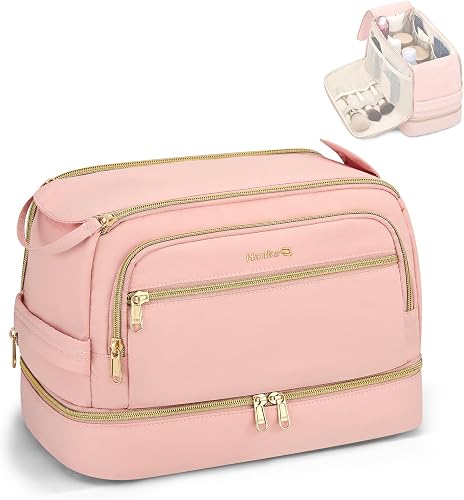 Hanke Travel Toiletry Bag, Wide-Open Dual-Layer Water Resistant Makeup Bag | Roomy, Wet Dry Pocket, Make Up Organizer, For Toiletries, Brushes, Multiple Pockets, Travel Essentials, Pink