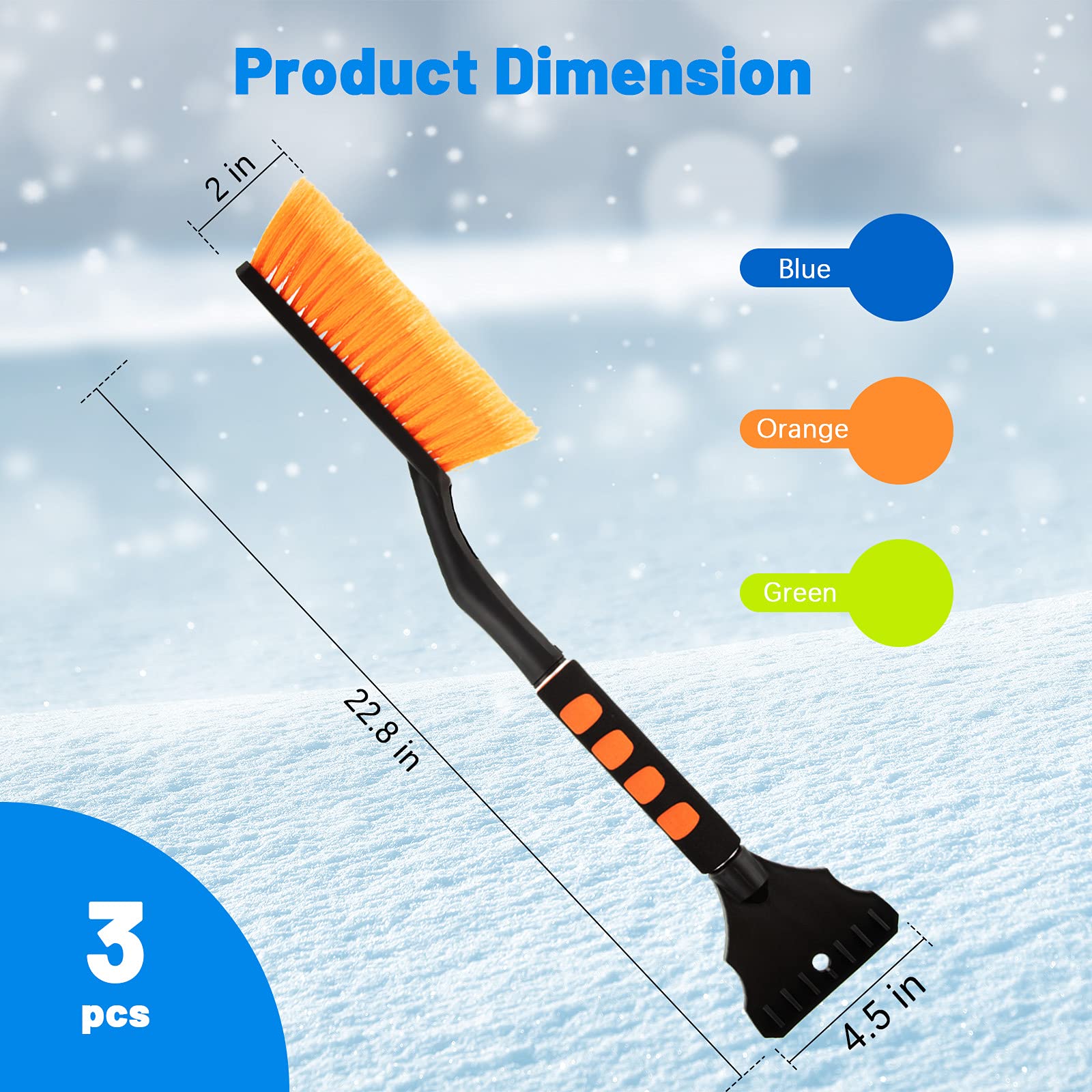 3 Pièces Grattoir à Neige Grattoir à Glace et Brosse Amovible avec Poignée en Mousse Amovible Déneigeuse sans Rayures pour Hiver Voitures Camions SUV, Vert Orange Bleu