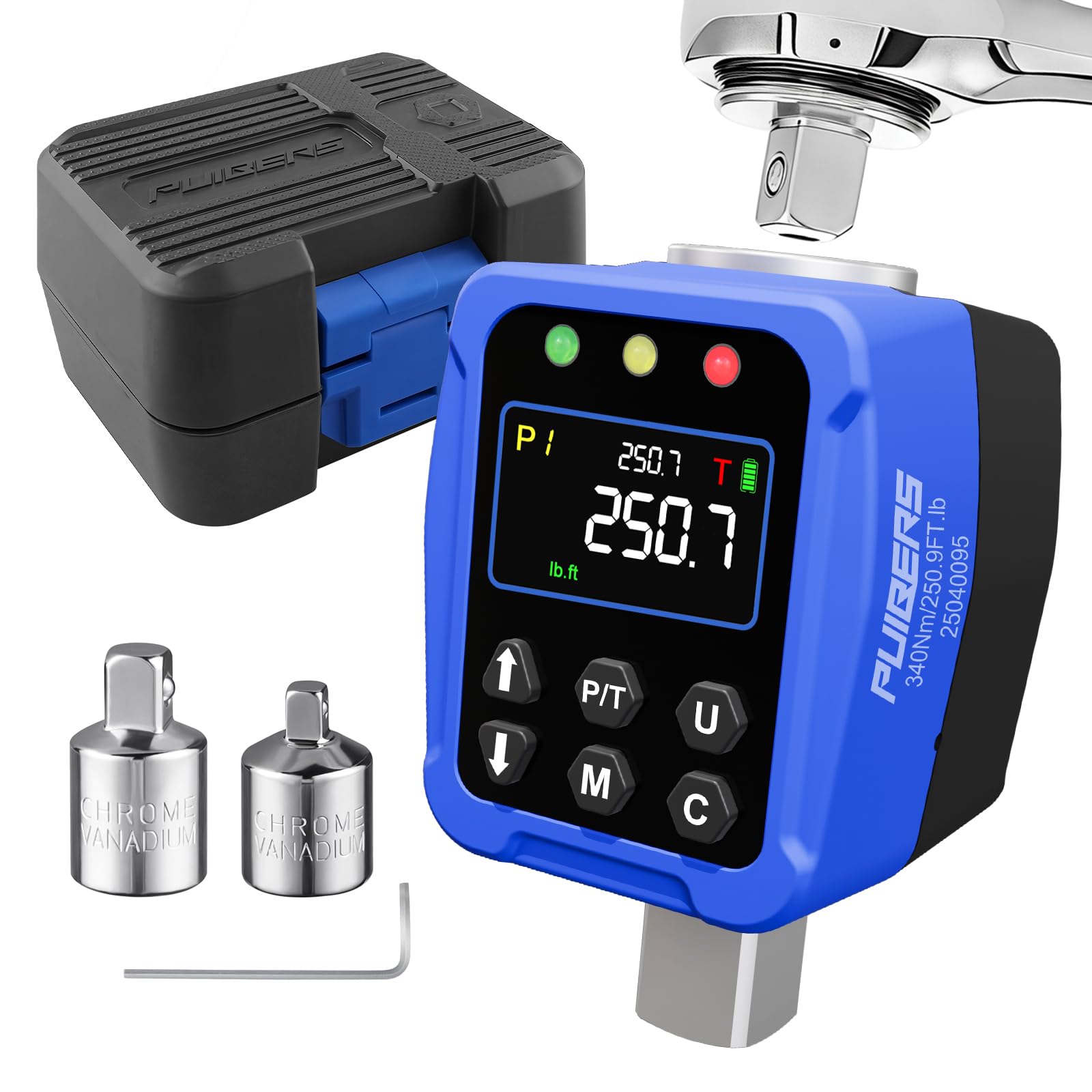 PUIBERS 1/2" Drive Digital Torque Wrench Adapter 12.5-250.7 Ft-lb / 17-340 Nm, Electronic Torque Meter ±1% Accuracy, Colour LCD Display, 1/4” & 3/8” Adapters for Car & Motorcycle Maintenance — image 1