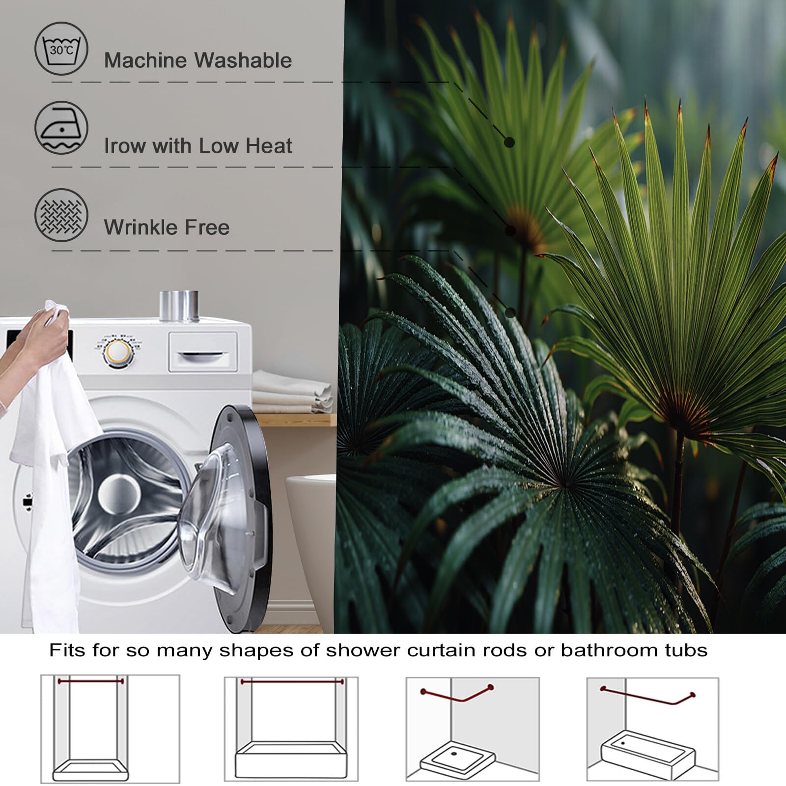 Rideau Douche,Rideau Baignoire Lavable en Machine Rideaux Douche Tissus Lavable Rideau De Baignoire Lavable pour Salle De Bain Domicile Baignoire Famille,Feuilles Vertes Texturées,