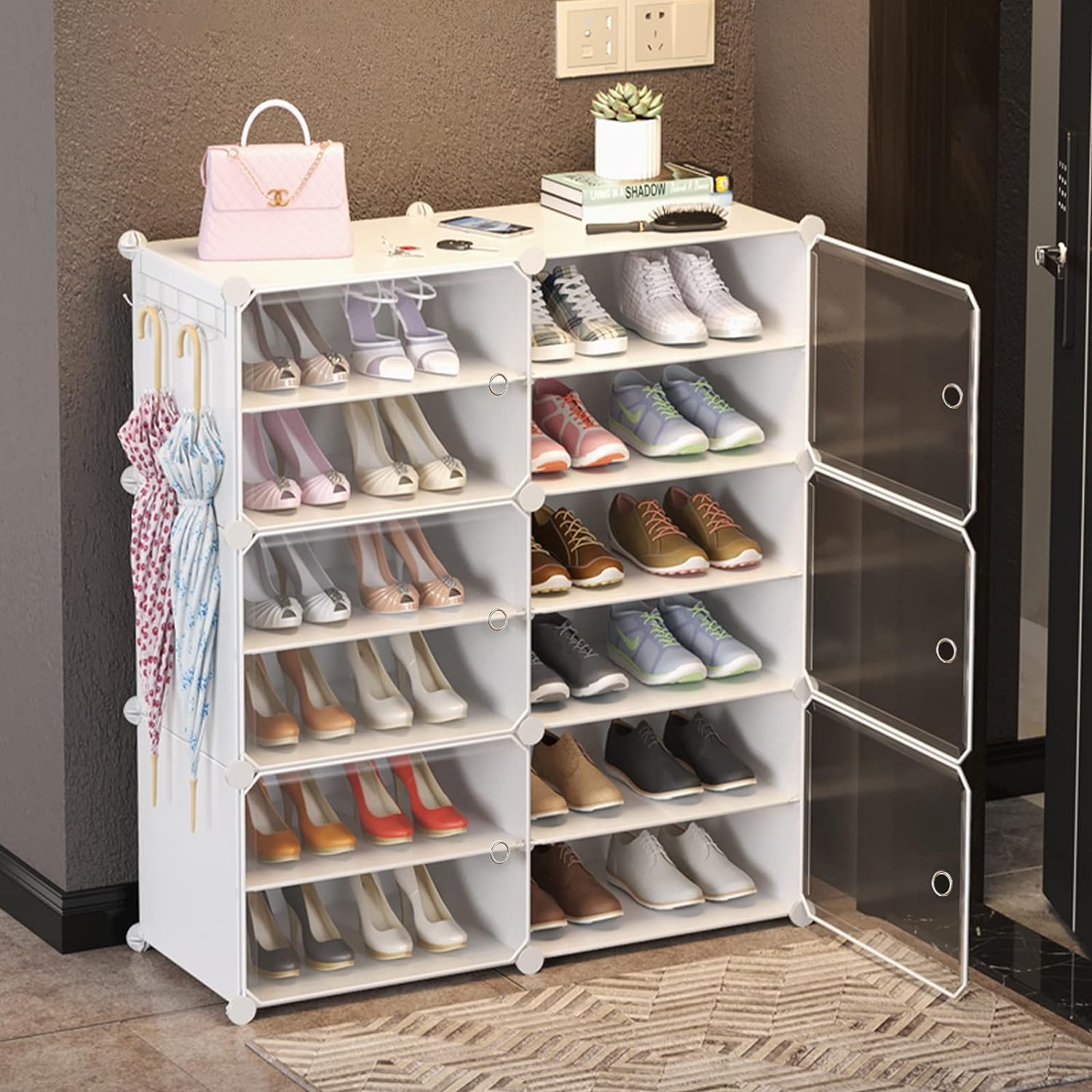 WeCool SR-W12 Upgraded Shoe Rack for Home Plastic, Portable Shoe Rack with Dustproof Door for Heels/Slippers/Boots, 12-layer Shoe Storage Cabinet with Hooks for Entryway or Bedroom - White (B0CQ4MQHFG) Amazon Price History, Amazon Price Tracker