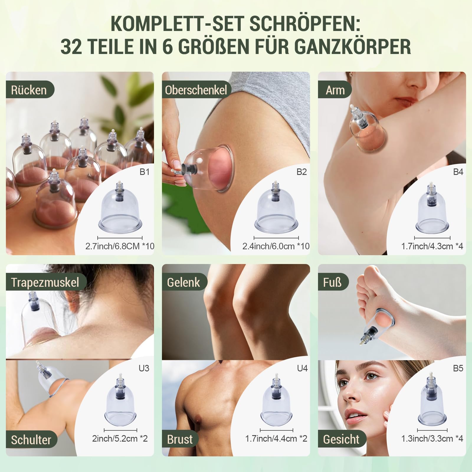 Schröpfgläser mit Vakuumpumpe, (32 Stück) Schröpfglas für Gesicht und Körper,Schröpfen set für Lymphdrainage，Muskelentspannung und gegen Cellulite，Schröpfset mit MINI-Akupressurpunkt und Gua Sha-Brett