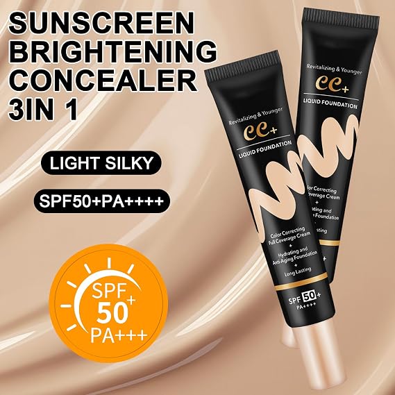2PCS Cc Cream Cc Red Correct Lightweight Skin Perfector Tinted Moisturiser Spf 50+ 30g Non-greasy Balances Skin Tone Reduces Redness Suitable for Women