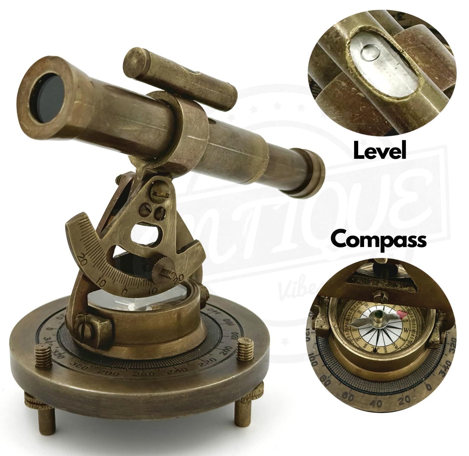 Brass Theodolite Surveying Transit Compass with Level, Antique Style Marine Navigational Instrument