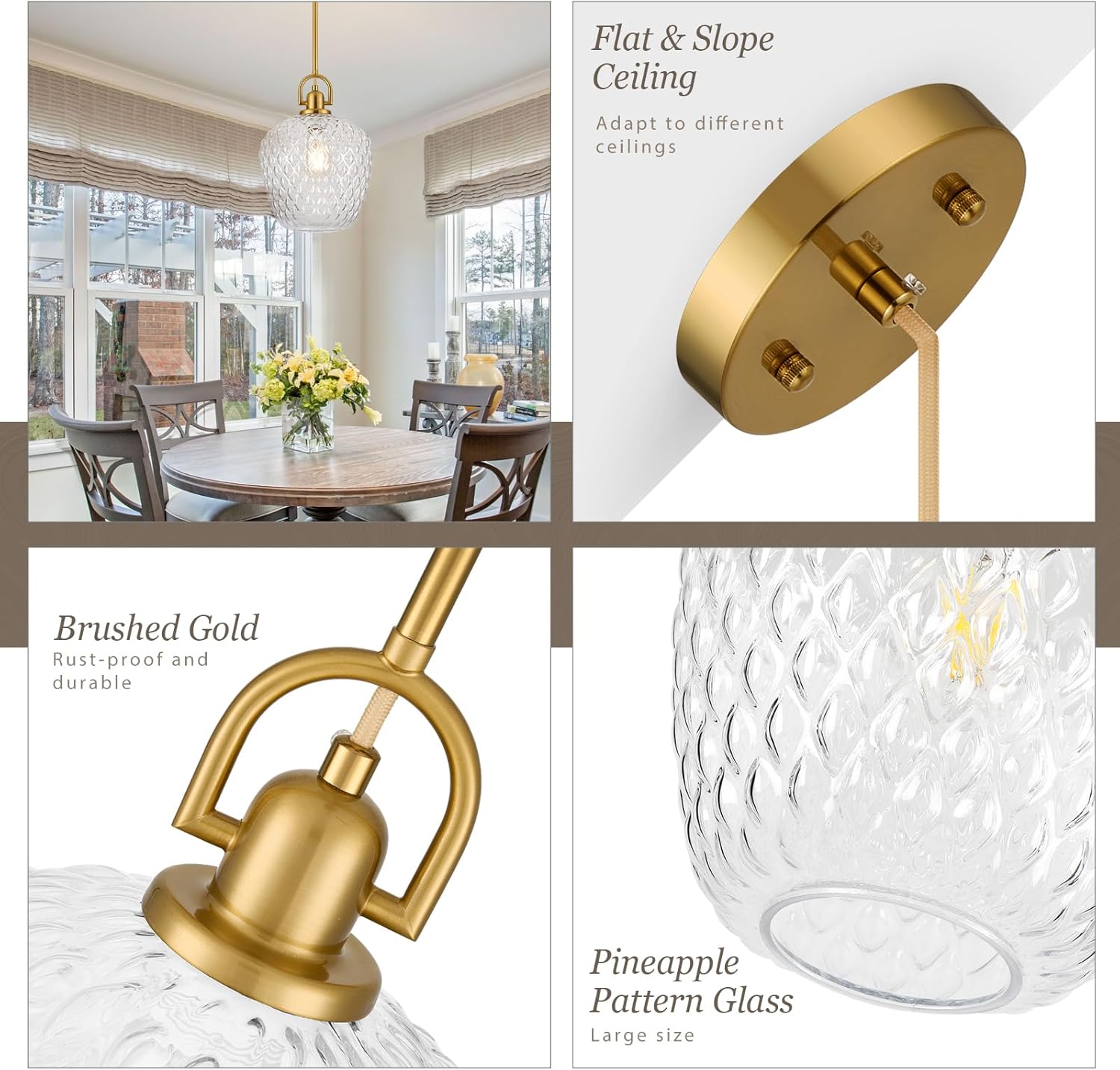 Brushed Gold Pendant Lights Kitchen Island, 10" Large Glass Pendant Light with Hammered Glass, Modern Hanging Lighting Fixtures for Kitchen Island Dining Room Entryway Foyer