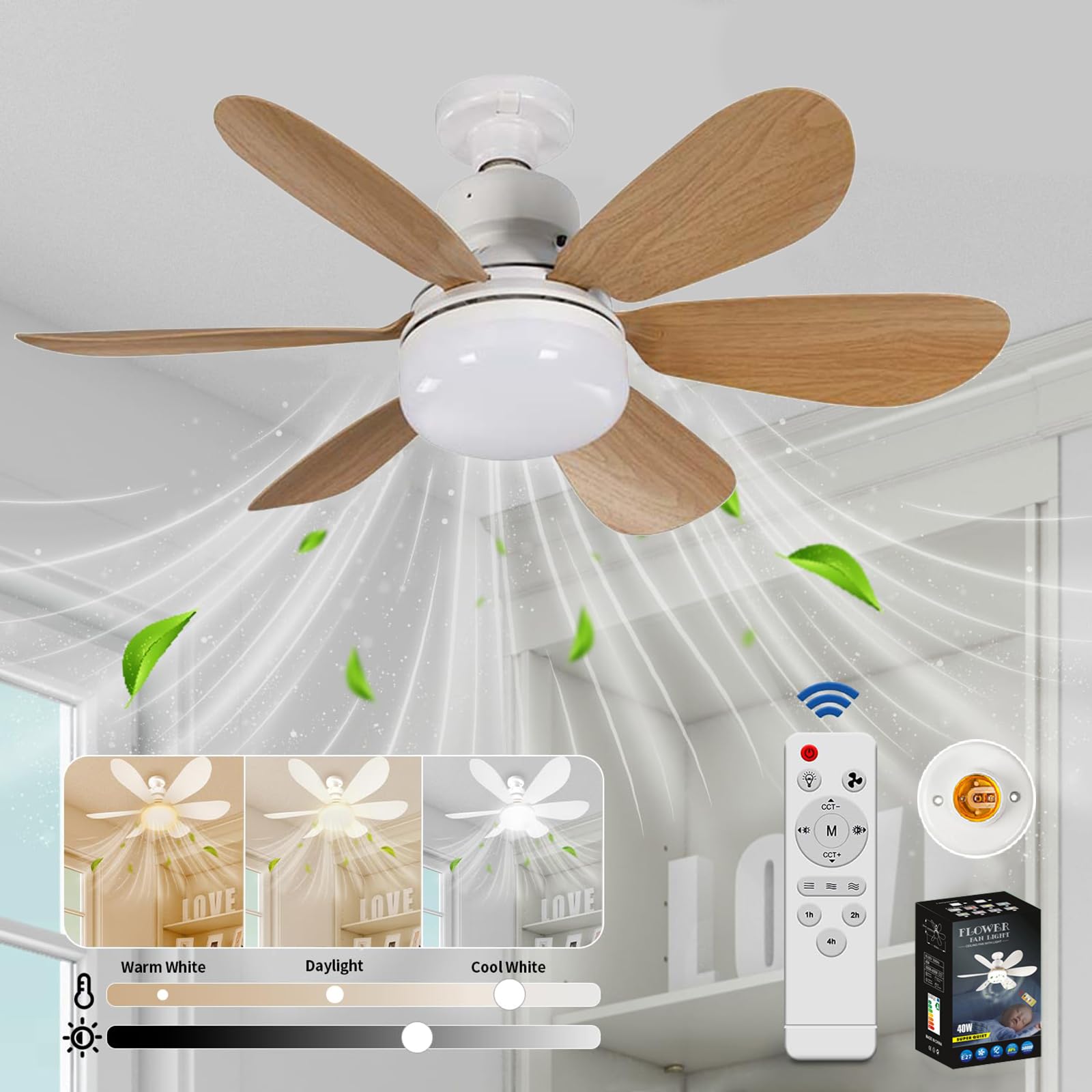 VHV Ventilador de techo con luz y mando a distancia, LED ventilador regulable de techo con 40 W E27 lámpara integrada, 6 aspas, 3 velocidades, silencioso, para sala de estar, dormitorio, dormitorio
