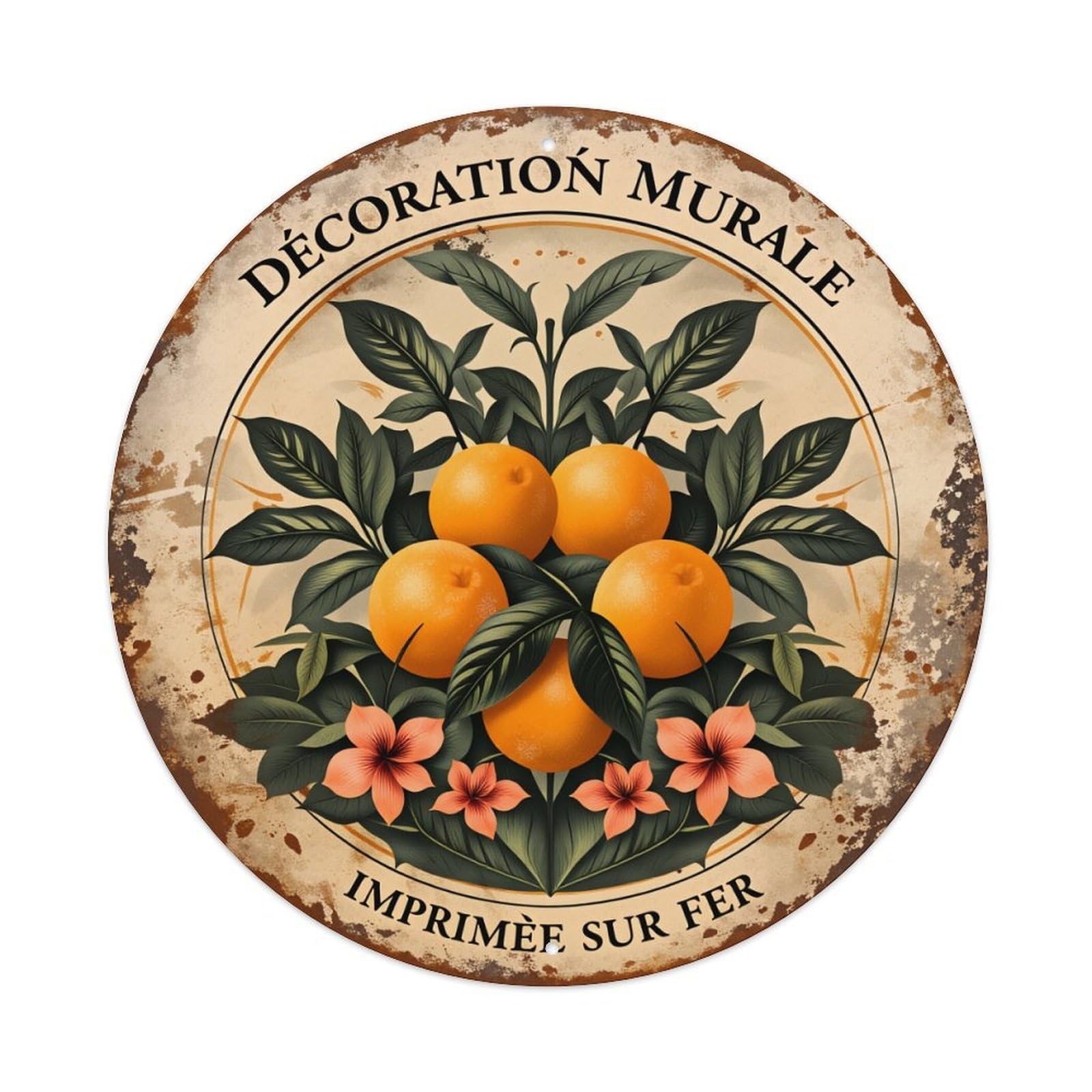 Orange Leaves Flowers Rustic Metal Print Round Vintage Tin Sign,Retro Wall Art,Metal Poster for Home, Bar, Garage, Cafe, Rustic Indoor & Outdoor Decor, 8x8 Inches